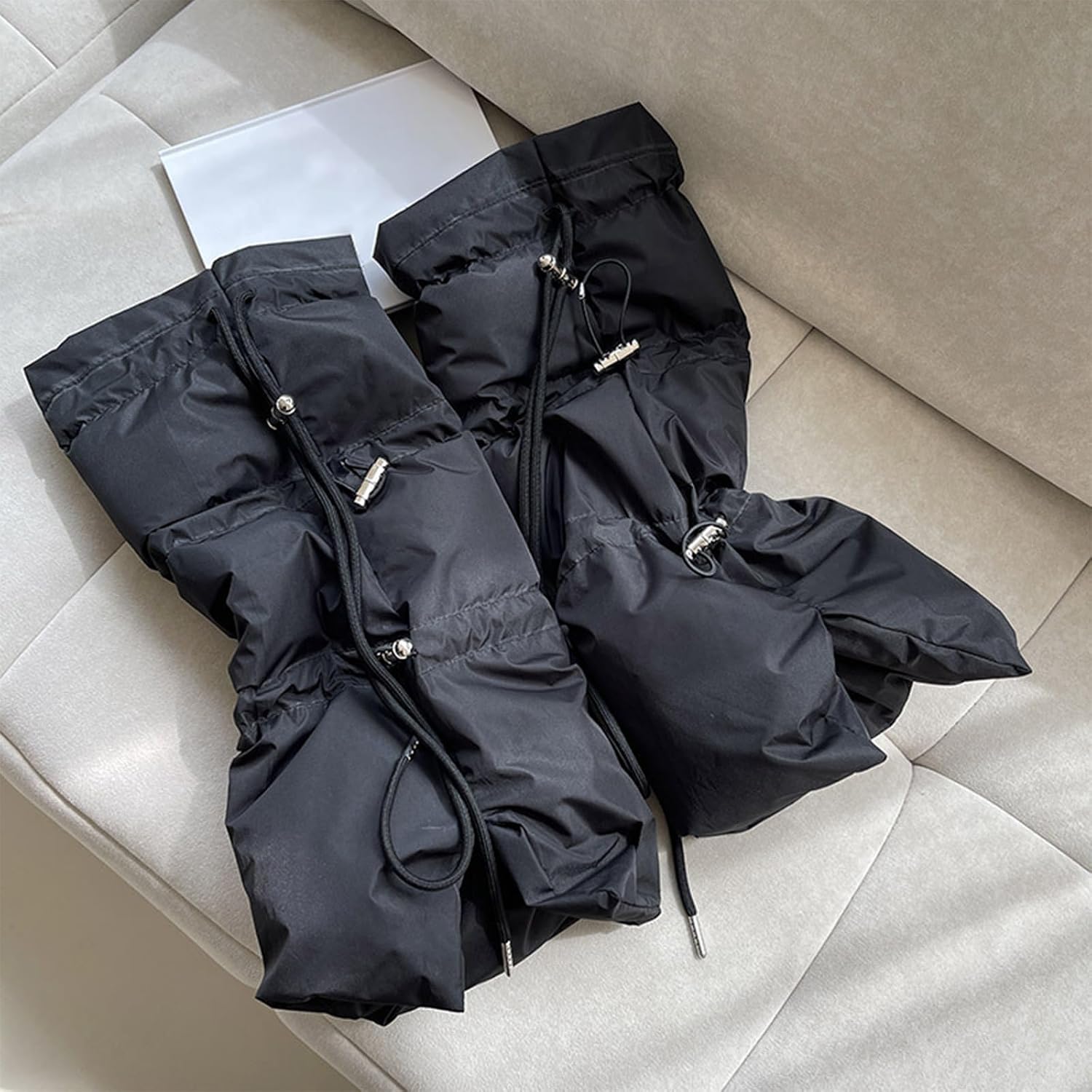Women Padded Puffer Leg Warmers for Outdoor and Sports Adjustable Drawstring Split Flared Boot Covers Cuffs Socks