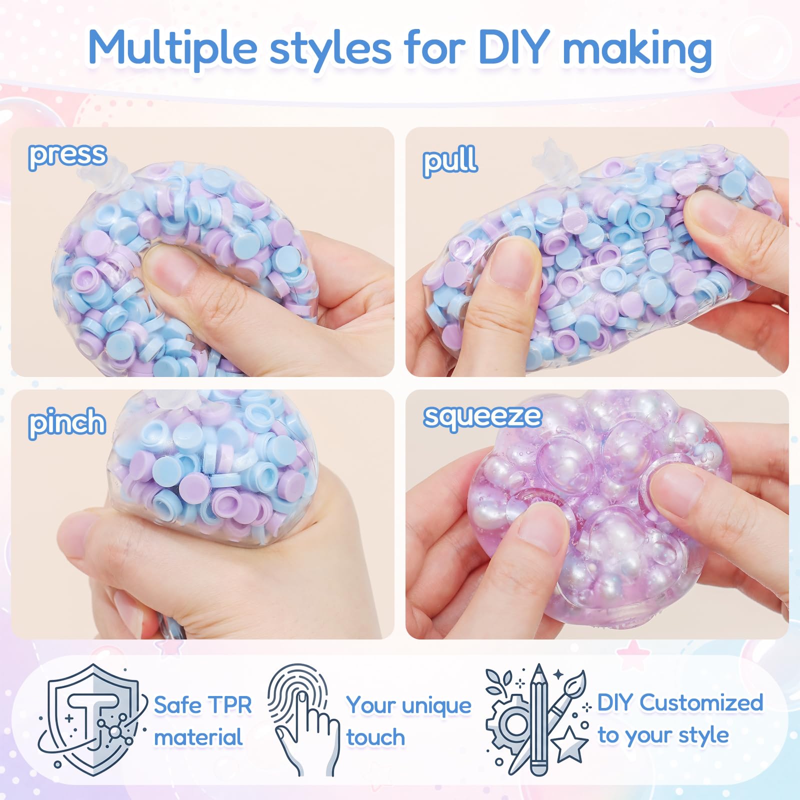 Lomantank ASMR Squishy Maker - Kit fai da te, 12 pelli in TPR in 4 forme, riempitivi assortiti, slime, argilla, strumento sottovuoto e fascette per cavi, per palline antistress fatte a mano, regalo