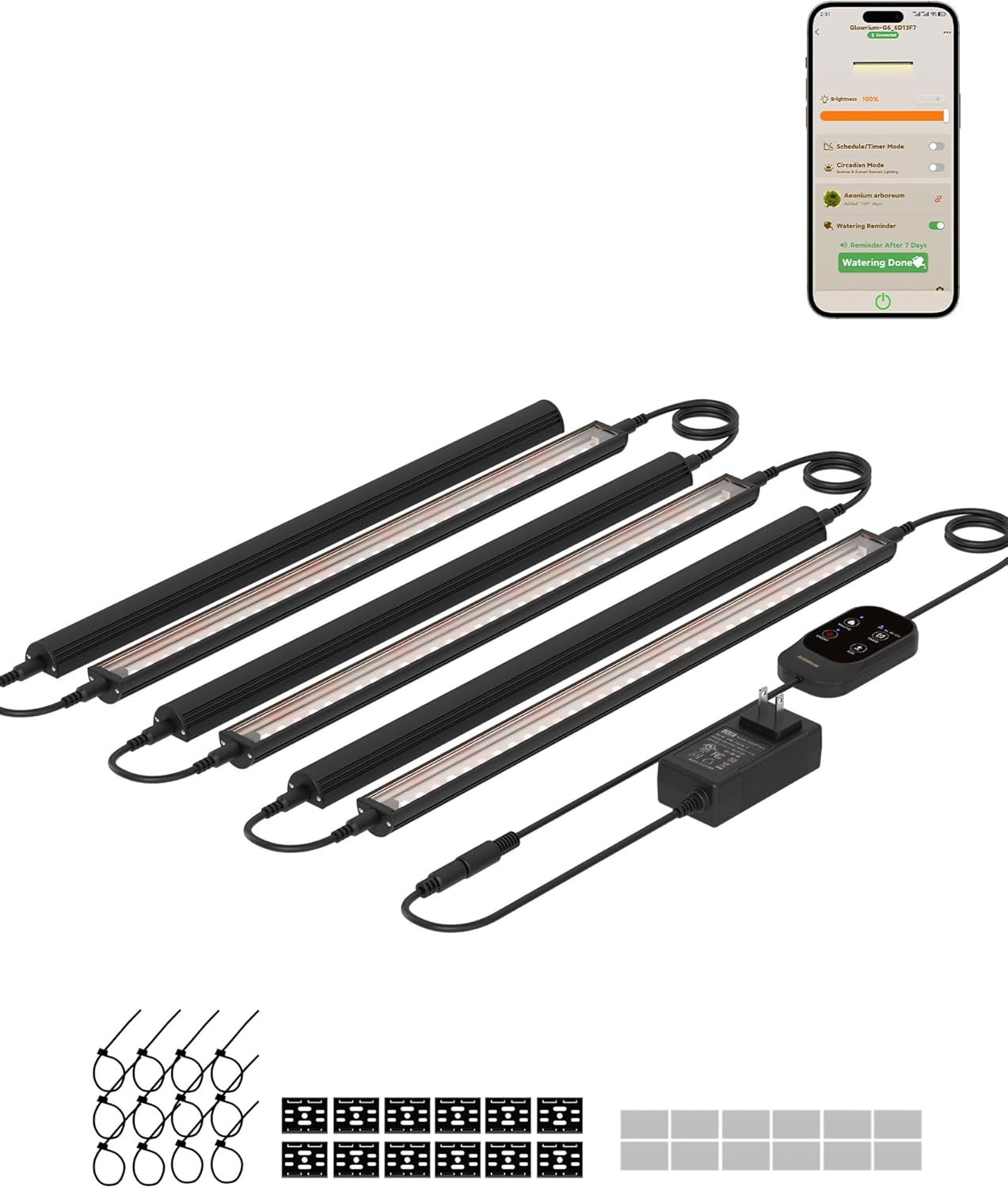 GLOWRIUM Smart Grow Lights for Indoor Plants with APP, Full Spectrum Grow Lights for Seed Starting, G6 Plant Light Strip with auto Timer, 3 Angle dimming Levels for Plant Shelf, 6-Pack (Black, 48W)