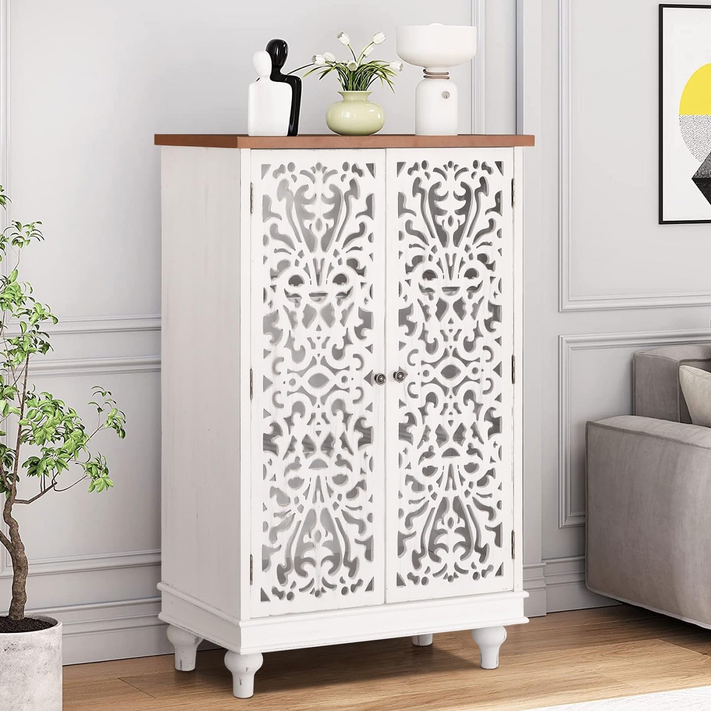 MFSTUDIO Accent Tall Wood Storage Cabinet Buffet Sideboard Hollow-Carved Floral 2 Doors Distressed Decorative for Living Room Kitchen Stand Entryway Hallway, 13.8" Dx31.5 Wx47.4 H, White