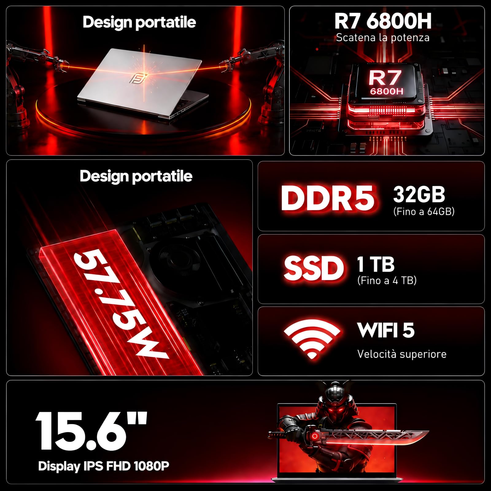 PC Portatile Gaming 15,6" R7 6800H, 32GB RAM, 1TB SSD, FHD, Win 11