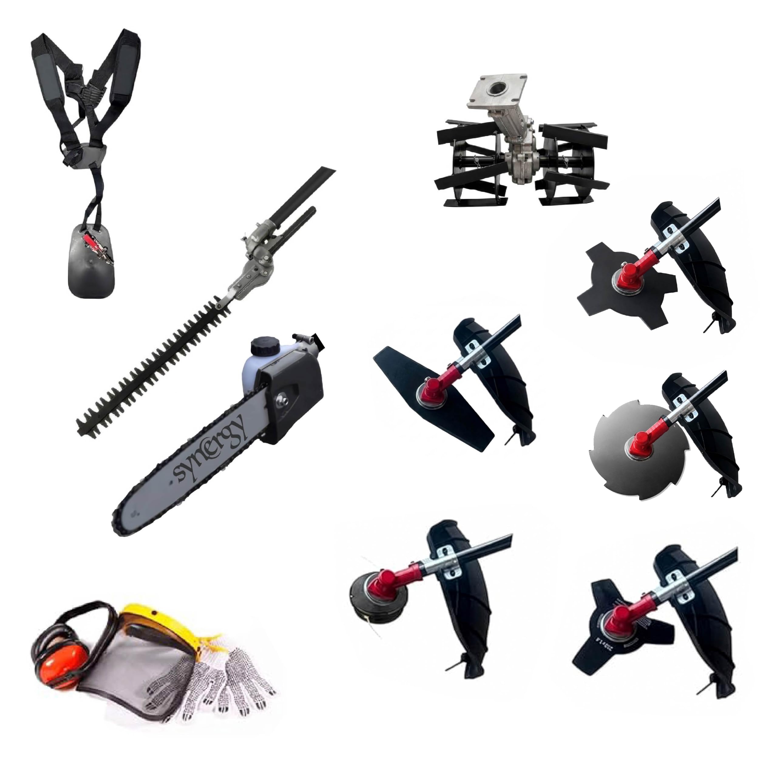 Synergy Desbrozadora Multifunción Gasolina 8 en 1 65cc 4,9cv Motor 2T, Cuchillas Helicoidales, Cortasetos, Podadora, Kit de protección, 4 Discos y 1 Cabezal Automático, Arnés Profesional