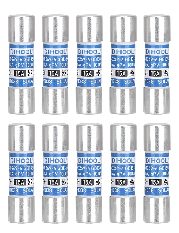 Kit de fusíveis solares DIHOOL 15 A, DC 1000 V, 10 x 38 mm, sem porta-fusível em linha, 10 peças