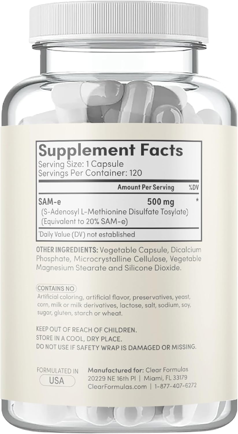 Clear Formulas Bioactive SAM-e 500mg - High Strength SAM-e Supplement with Biologically Active S,S Form for Liver and Mood Support - Vegan Non-GMO Preservative Free - Made in the US (120 Servings)