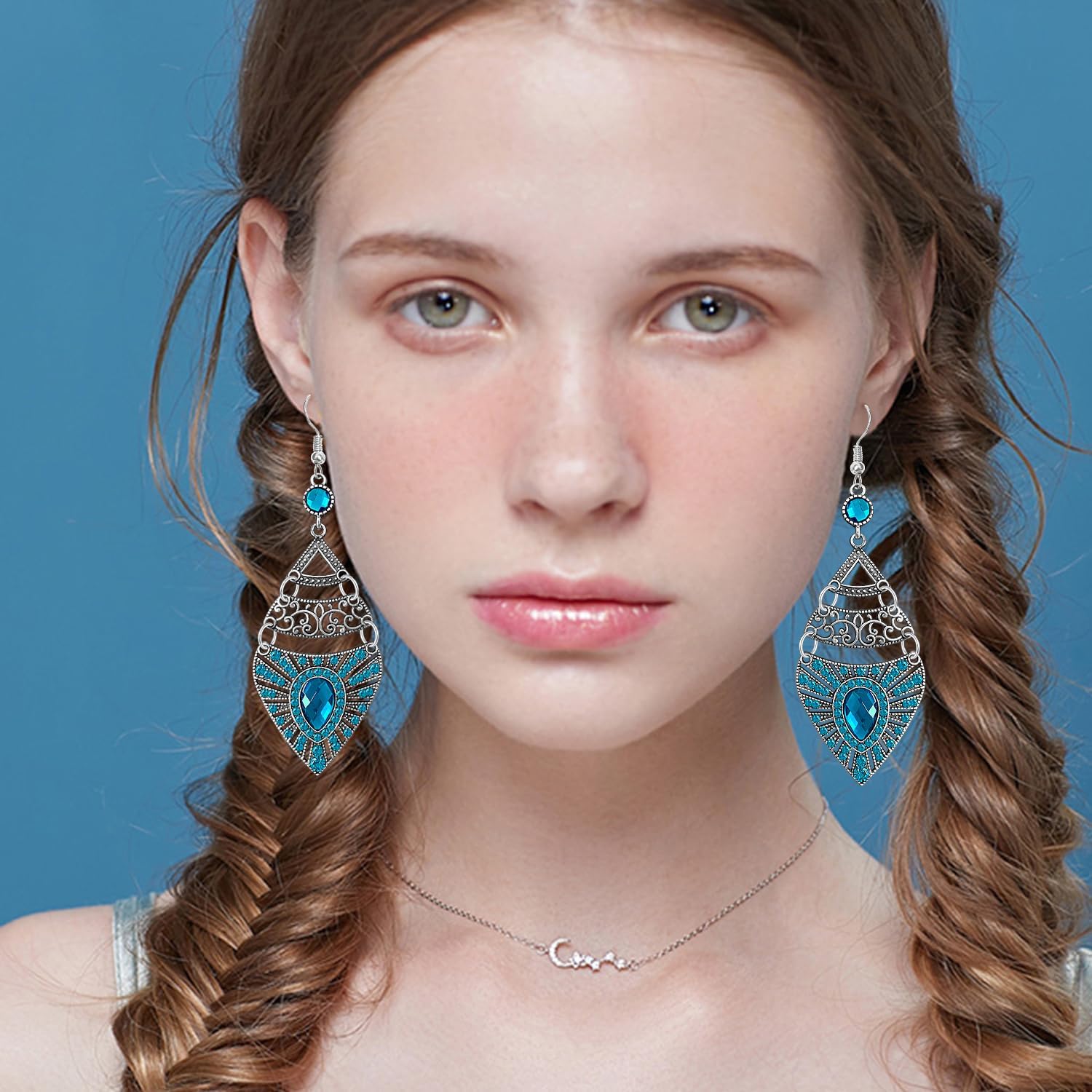 Bohemian Style Retro Geometric Alloy Dangle Drop Earrings Ethnic Colored Rhinestone Hollow Dangle Drop Earrings - Image 5