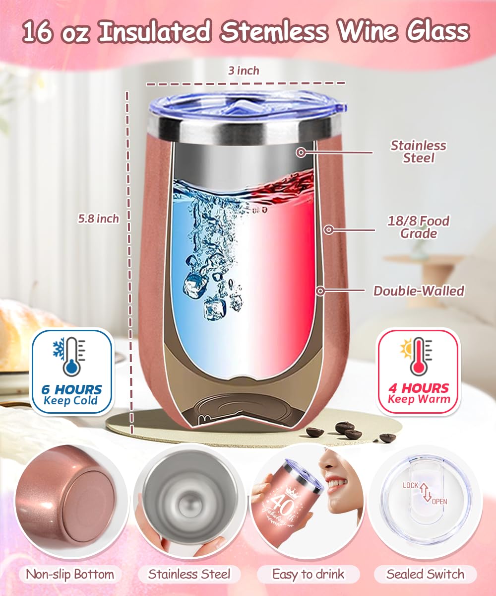 Regalo Compleanno Donna 40 Anni, Bicchiere Termico da 470ml e Candela Profumata, Set Regalo Originale per Mamma, Sorella e Amiche, Idee Divertenti per il 40° Compleanno