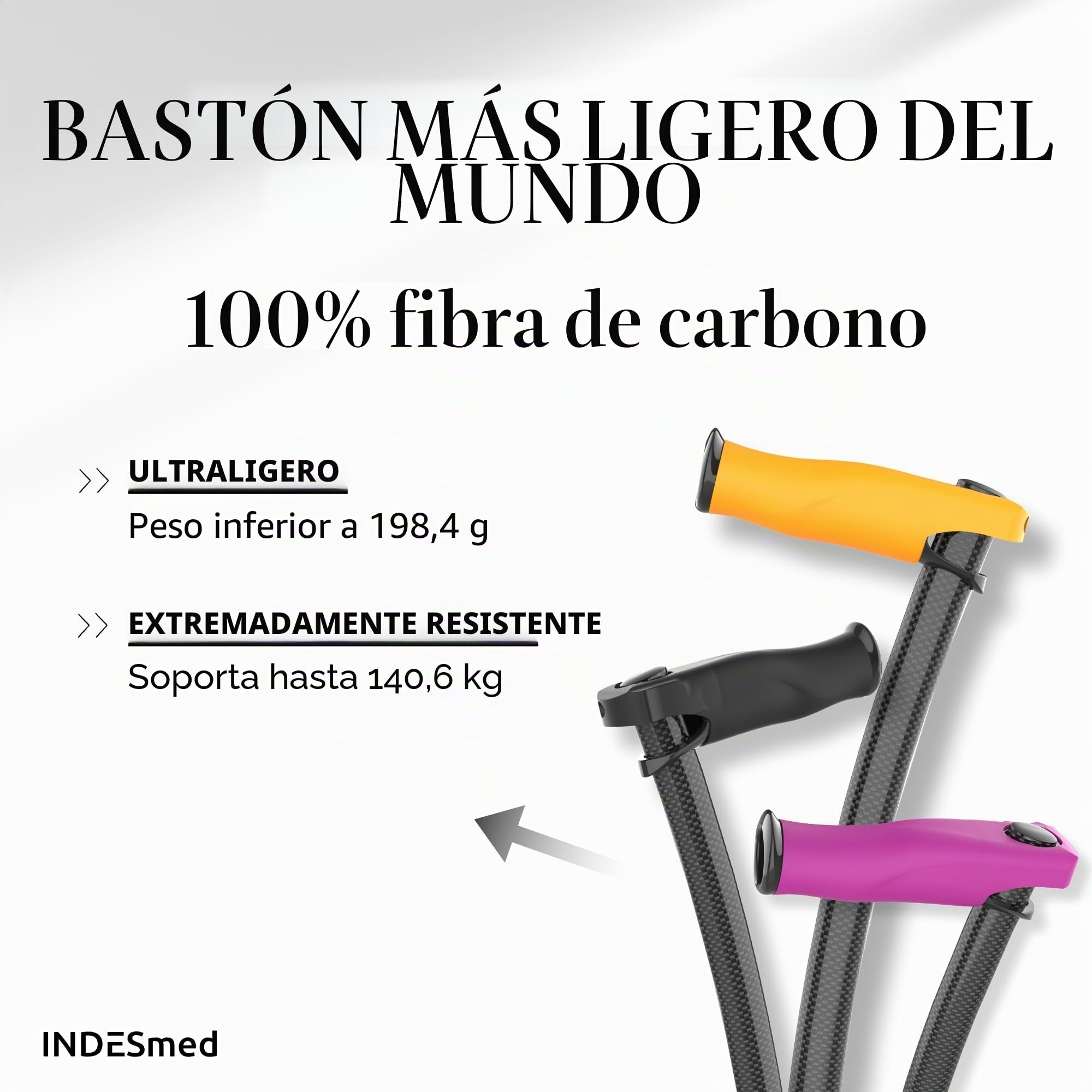 Bastón para Personas Mayores de Fibra de Carbono INDESmed | Ultra-Ligero, Ajustable, Ergonómico y Resistente | Ayuda para Caminar con Mango Antitendinitis | Cómodo y Seguro (Negro, S (155-165cm))