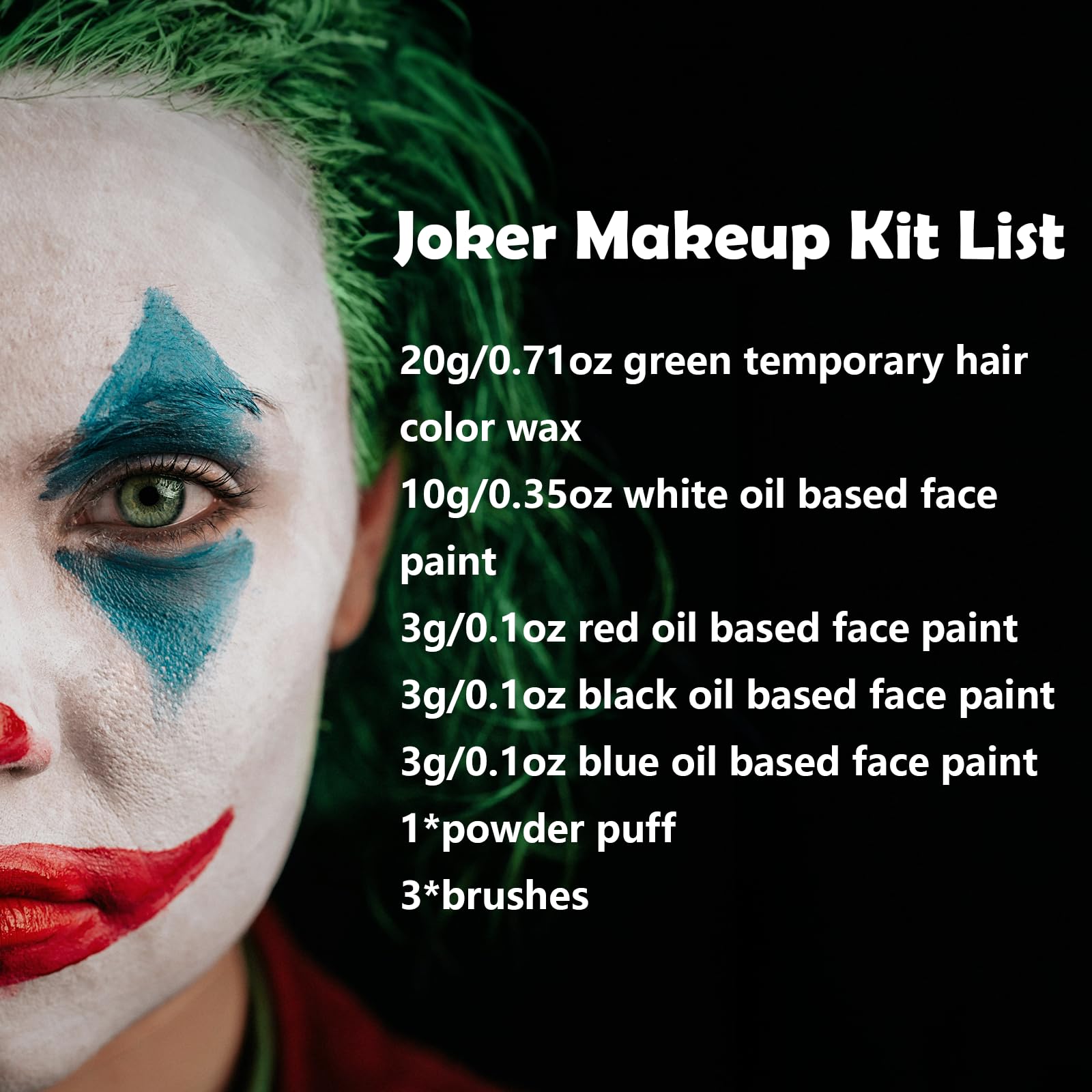 Kit de maquillaje de payaso Joker de Halloween, el kit de maquillaje Joker incluye pintura corporal a base de aceite blanco, rojo, negro y azul y 0.71 onzas de cera de color temporal verde para el 2