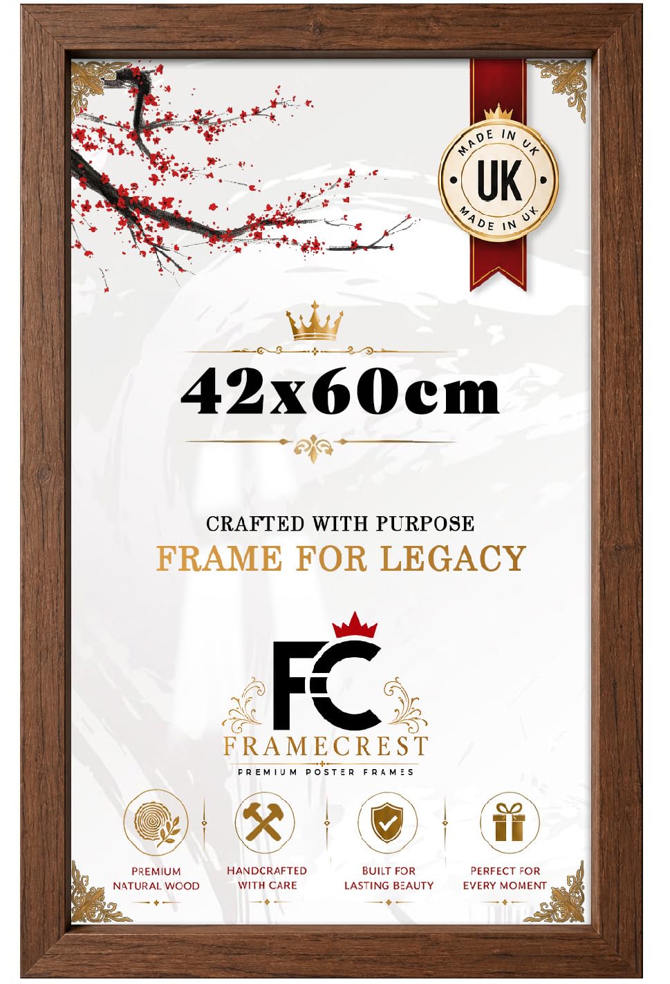 FRAMECREST Elegant 42x60cm Poster Frame | MDF Frame, Metal Clips on Back | Wall Mount Frame for Prints with Real HD Perspex, Great for Photos, Artworks, Posters, Puzzle-[Walnut]