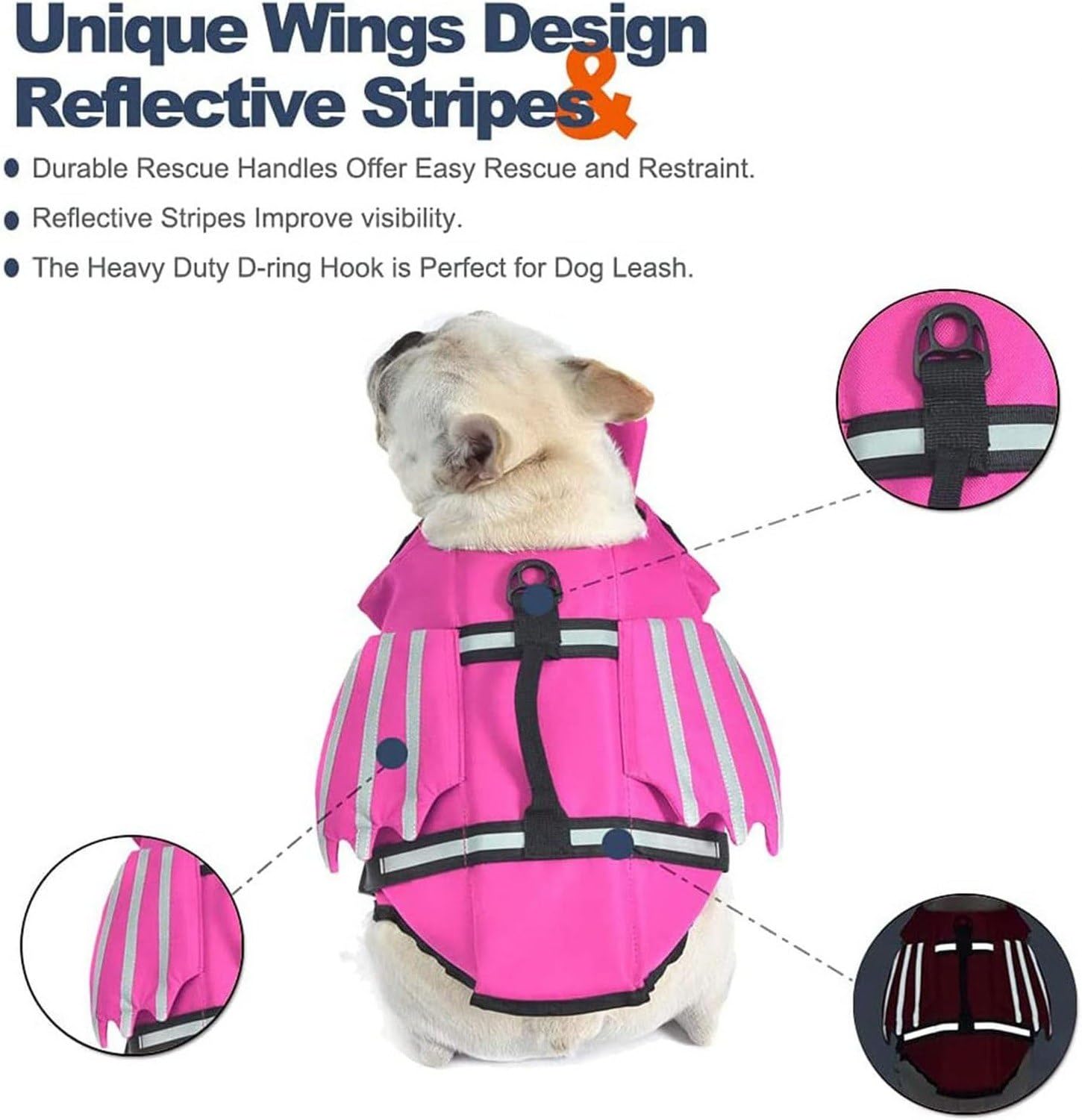 Chaleco Salvavidas para Perro, Diseño de Alas Pet Life Vest, Ajustable y Reflectante para Nadar, Chaleco de Seguridad Flotante para Perros Pequeños, Medianos y, Pink, XL