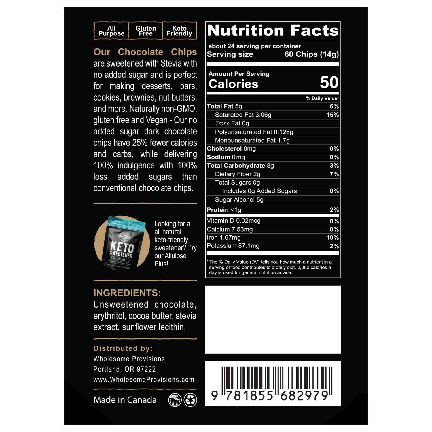 4 Pack Sugar Free Chocolate Chips, Stevia Sweetened, 12 oz. Value Size, Non-GMO, Vegan, Keto, Low Carb, 60% Cocoa, All Natural, Baking Chips, Gluten Free, No Sugar Added, The People's Keto Company