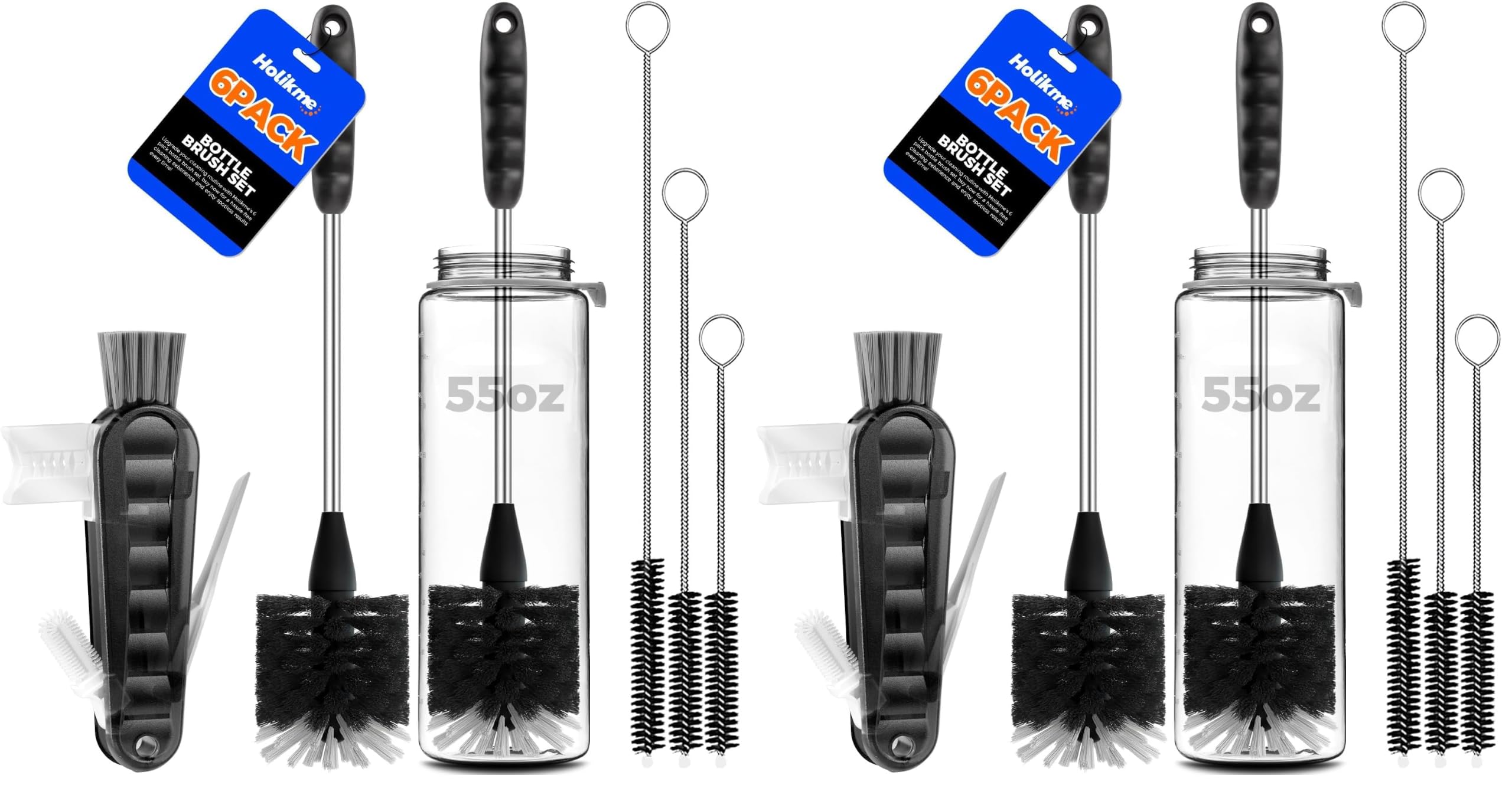 Holikme 12 Pack Bottle Brush Set, 14" Long Handle Stainless Steel Bottle Cleaner Brush, 3 Straw Brushes, Bottle Cleaning Brush for Water Bottle, Baby Bottle Straws, Black