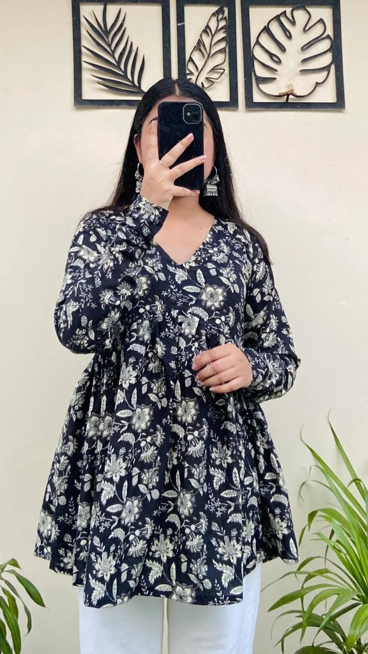 Women's Floral Print Cotton Top, Long Bell Sleeve, Square Neck, Ethnic Fusion Style, Regular Fit, Lightweight-picture-10
