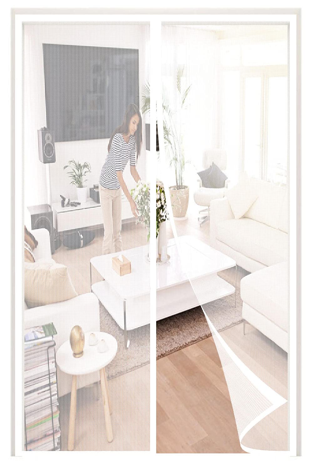 Bbmmcll White Magnetic Fly Screen Door,80X200cm (31.49X78.74in) Polyester Anti Mosquito Mesh Insect Protection Top-To-Bottom Seal Snaps Shuts Automatically，Keep Insects Out,Easy To Install