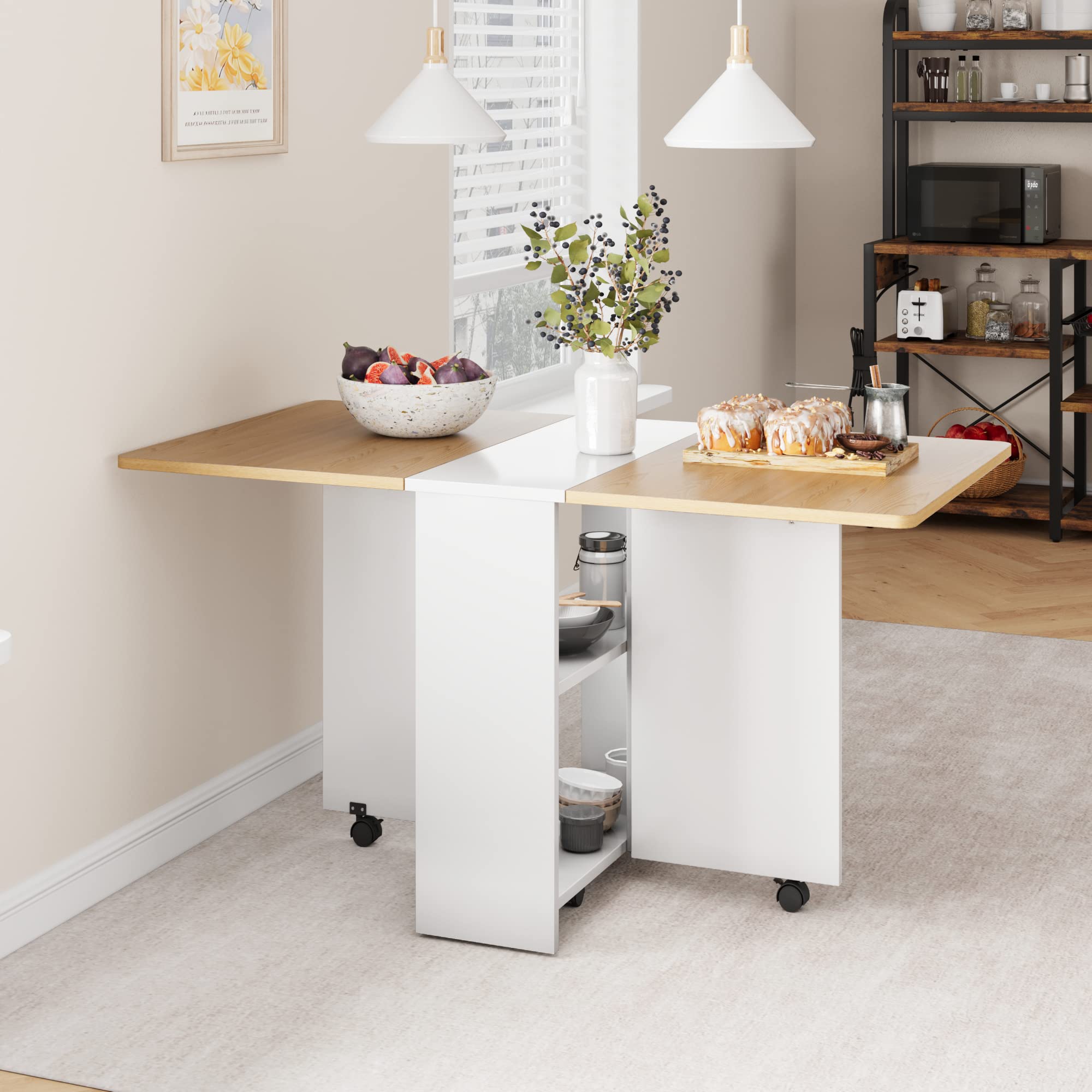 Moderno tavolo da pranzo pieghevole con anta a ribalta, 2 ripiani e 6 ruote, pieghevole, per cucina, ufficio o sala da pranzo, lembo in legno chiaro con venature e armadietto bianco, 1200 x