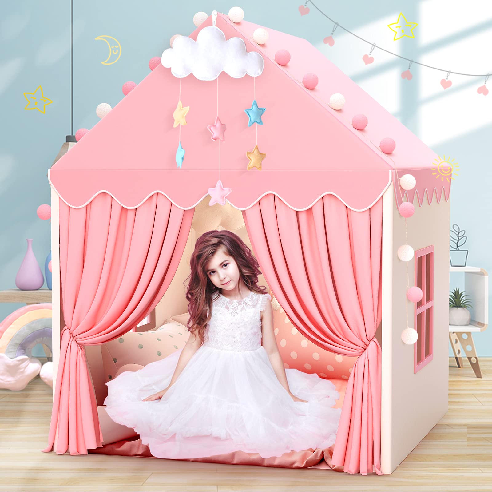 SISTICKER Kids Play Tents for Girls Large Fairy Playhouse for Kids Princess Castle Tent Gift Toys for Girl Toddler Children Play House (Pink)