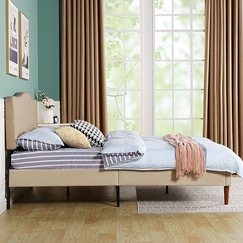 Miniatura 46 de VECELO Base de cama tamaño Queen tapizada con cabecera ajustable copetuda/base de colchón con soporte de listones de madera, fácil montaje, azul