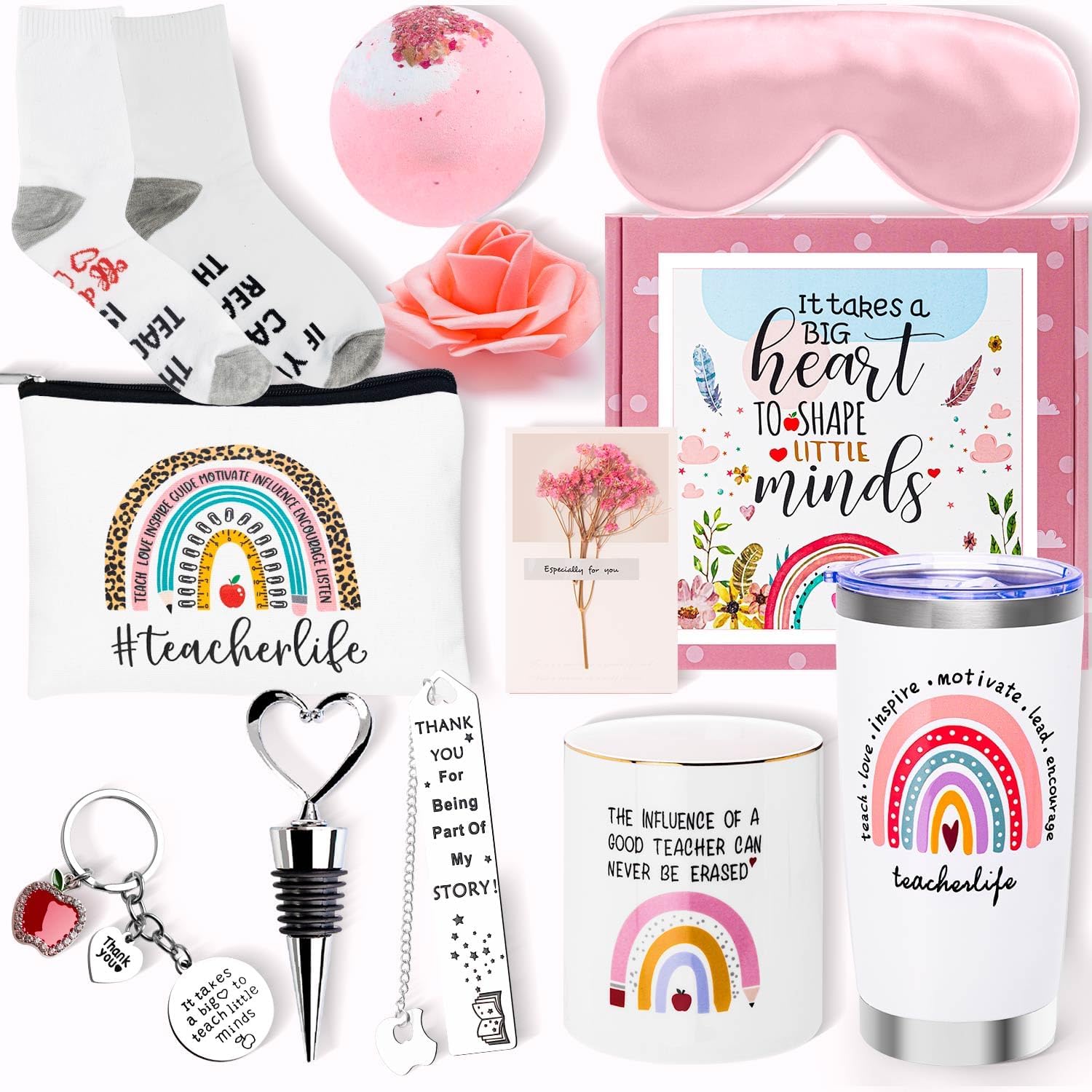 Teacher Appreciation Gift Set - Back to School Basket for Women - 20 oz Tumbler, Bookmarks, Ceramic Pen Holder, Apple Keychain, Pouch Bag (White)