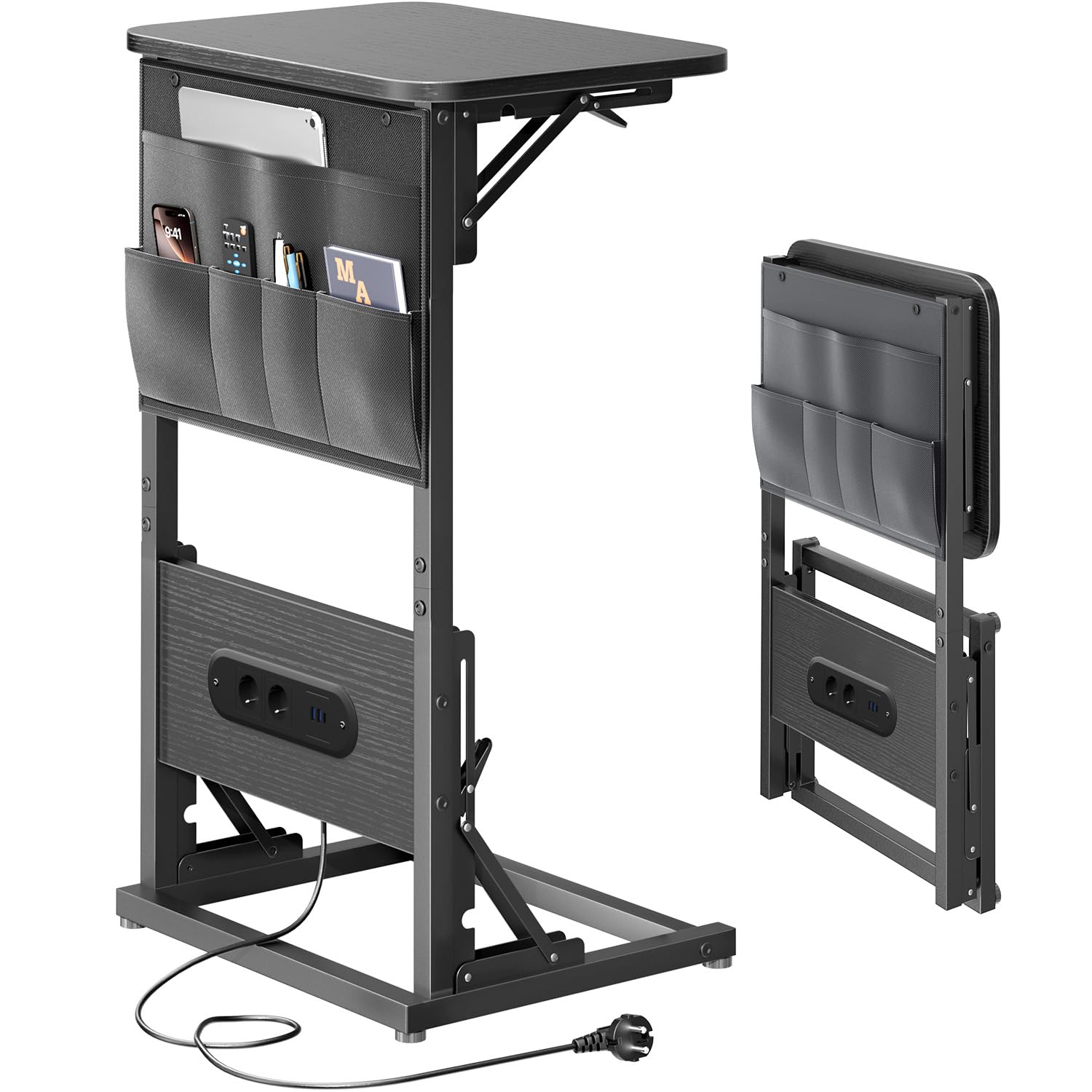 HLONONE Beistelltisch C Form, Klappbarer Sofatisch mit Steckdosen, Couchtisch mit Metallrahmen für Schlafzimmer und Wohnzimmer, 30 x 40 x 68.5 cm, Wohnzimmertisch für Kaffee und Laptop, Schwarz