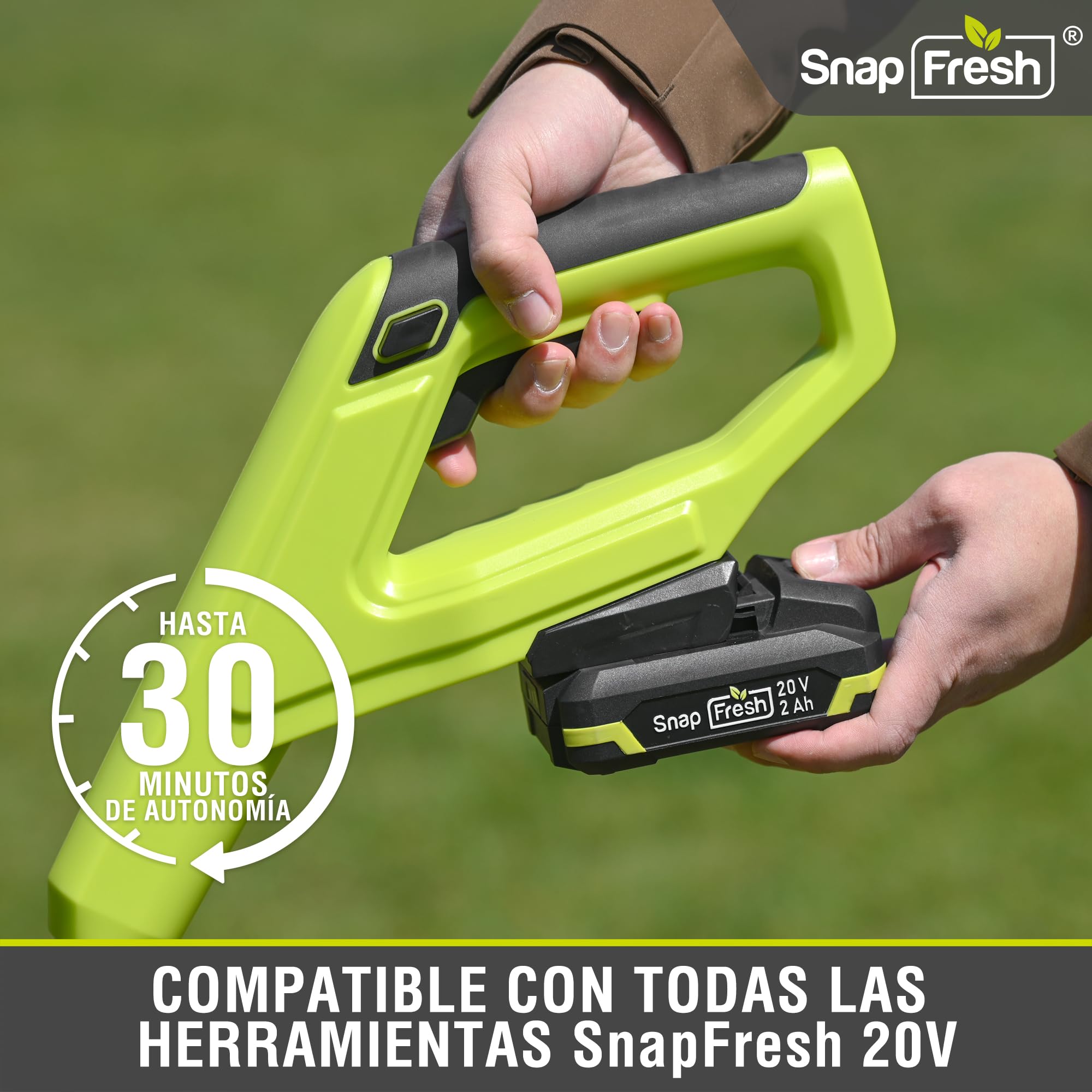SnapFresh Cortacésped a batería 20V Desbrozadora (con batería y Cargador, Cambio rápido de Hilo, 30,5 cm de Ancho de Corte, Mango telescópico Ajustable, Protector de Flores)