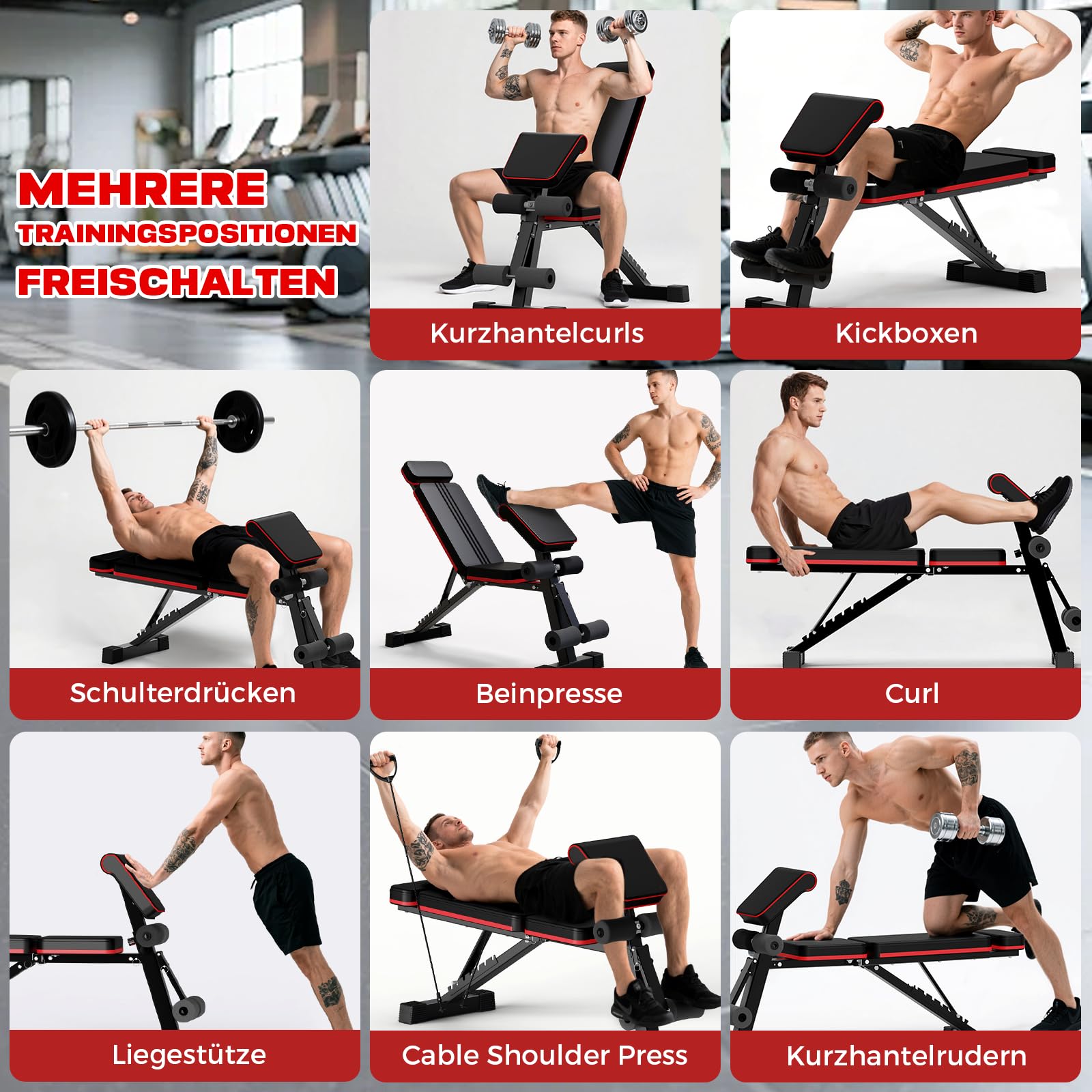 Hantelbank Klappbare Verstellbare 400 kg Kapazität, 12 in 1 Fitnessbank Multifunktionale mit Beinstrecker und Preacher-Curl-Polster, Trainingsbank für das Heim-Fitnessstudio und Ganzkörpertraining