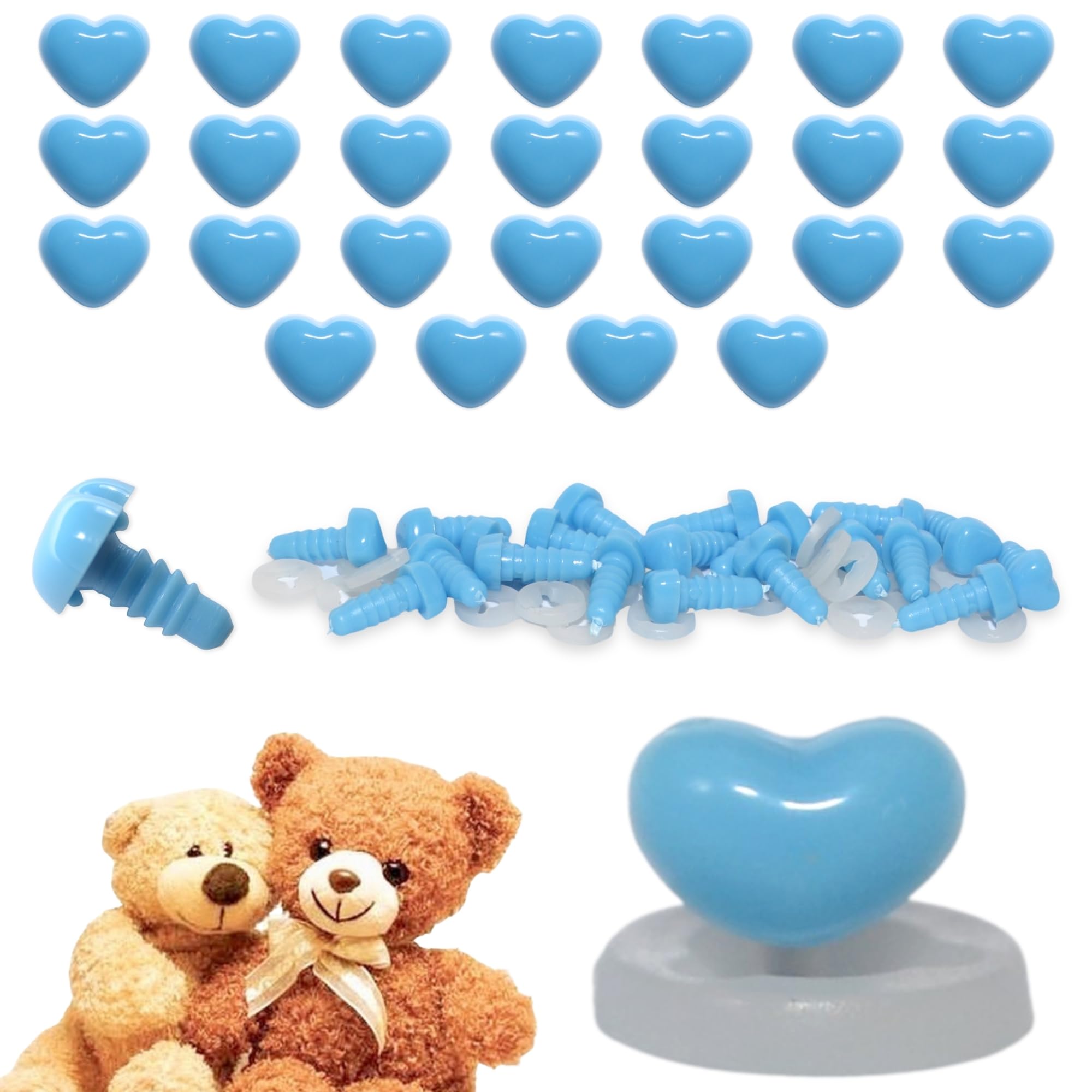 celloexpress 7mm x 5mm Deep Sky Blue Heart Noses with Plastic Backs - Safety Noses for Soft Toy Teddy Bear Animal Making (Pack of 25)