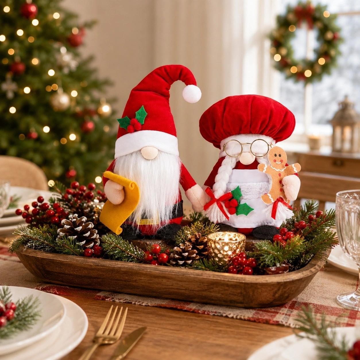 LUOZZY 2Pcs Christmas Gnome Handmade Swedish Tomte Plush Elf Couple Doll Gnome Ornaments Tray Desktop Decor for Xmas Party Supplies