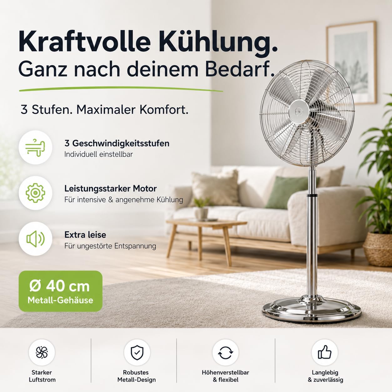 3 Stufen - Ø 45 cm Ventilator - Bodenventilator aus Metall – leistungsstarker Standventilator mit mehreren Geschwindigkeitsstufen extra leise Windmaschine für Kühlung (Standventilator Ø 45 cm)