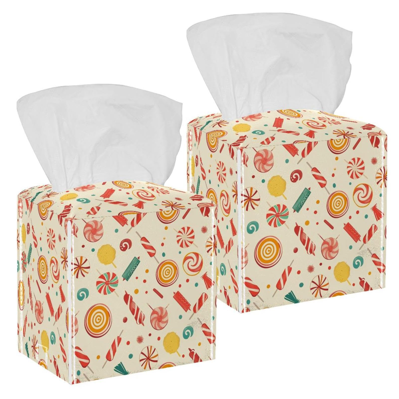 Cartoon Candy Pattern Tissue Box Cover, 2 Pack PU Leather Square Facial Tissue Dispenser Box holder for Home Office Car