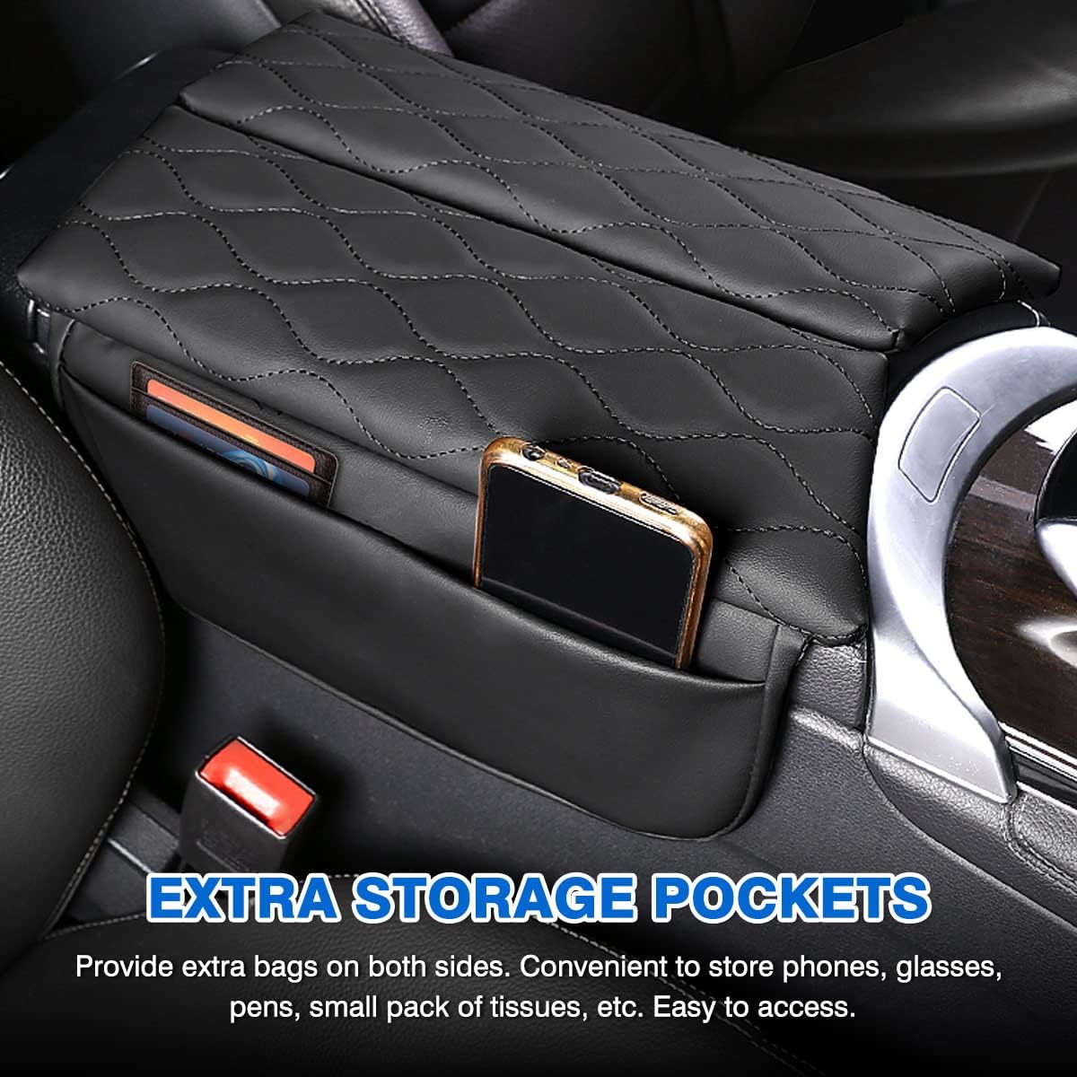 Karltys Center Console Cover for 2015-2021 Mercedes Benz C Class C300 W205 /2016-2022 GLC Class /2019-2024 EQC, Anti-Scratch Leather Waterproof Armrest Console Cover with Storage Pockets (Black)
