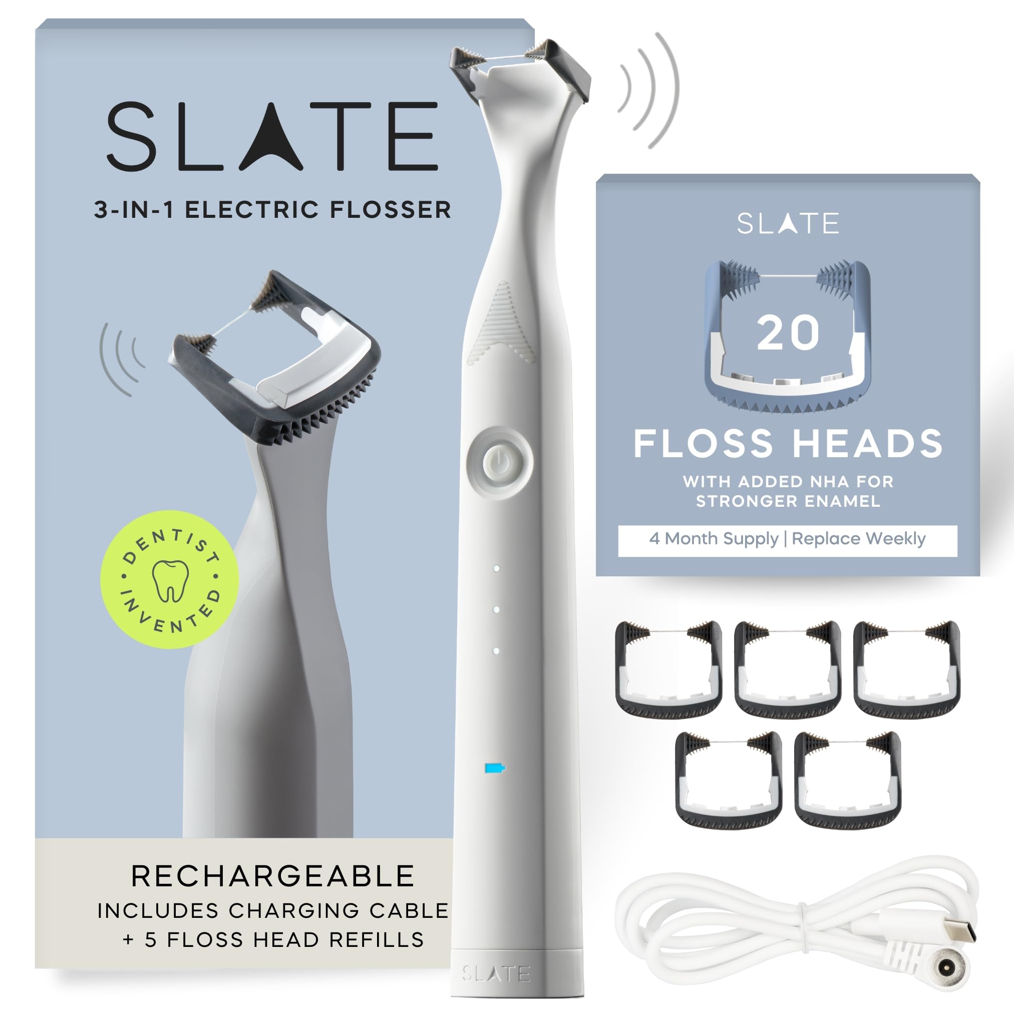 Slate Electric Flosser Starter Set 20pk Blue nHA Refills 3-in-1 Dentist-Invented with Reusable Floss Heads Gum Brushes Tongue