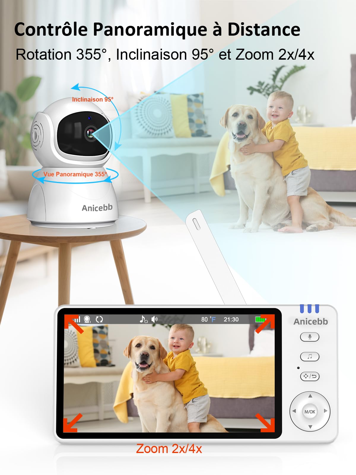Babyphone Caméra Vidéo 5" HD sans WiFi, Surveillance Bébé PTZ 355° Zoom 4X, Portée 300m, Mode VOX 100 H Autonomie, Vision Nocturne, Audio Bidirectionnel, Alertes Température et Pleurs