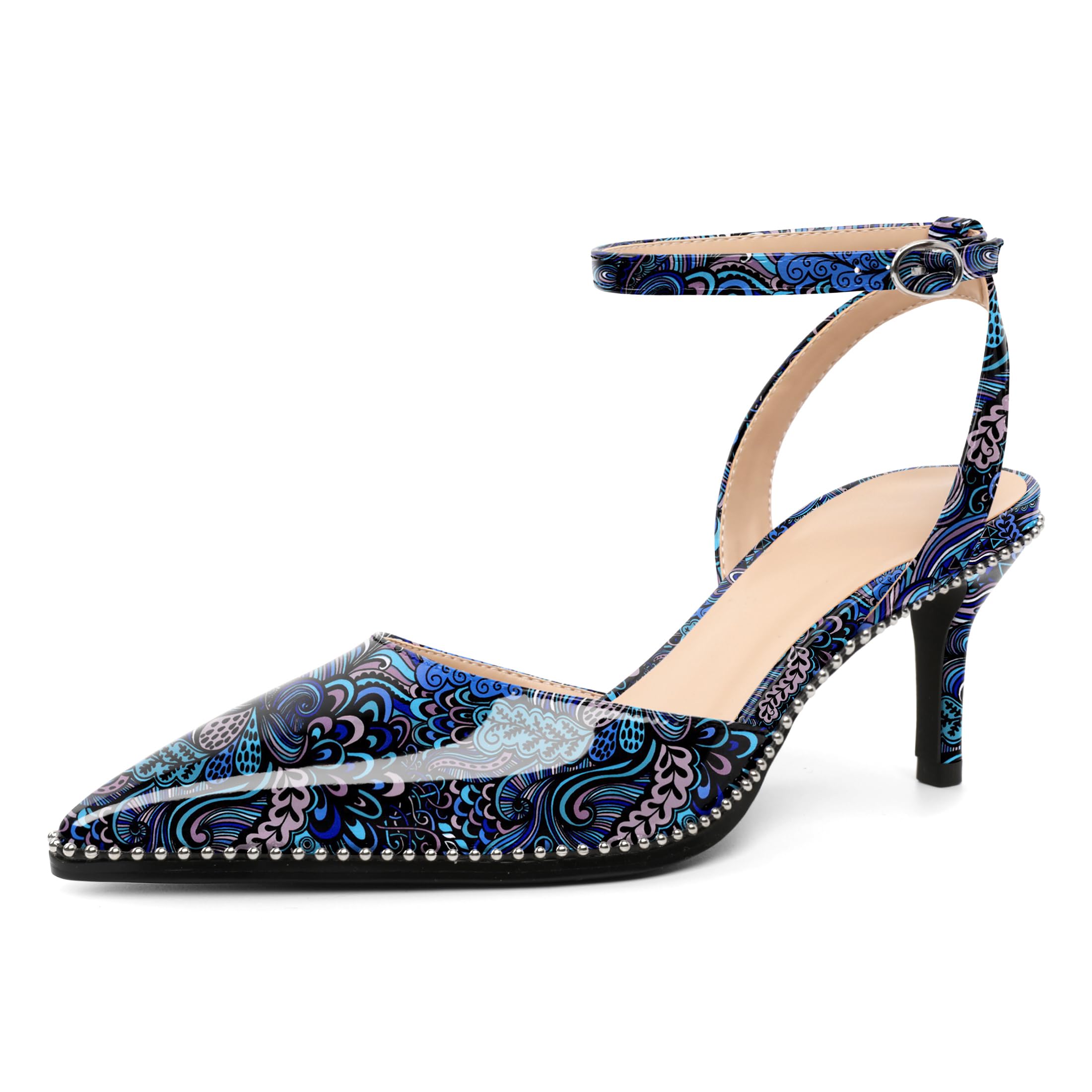 SAMMITOP Kitten Heels for Women Low Heel Closed Toe Ankle Strap Pumps Wedding Party Beaded Dress Shoes 2.4 Inch