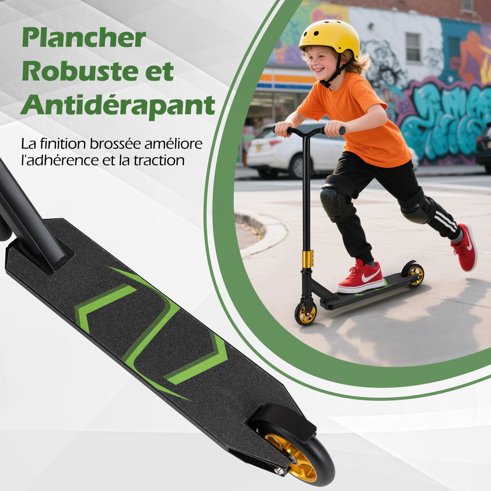 GYMAX Trottinette Freestyle Enfants 10 Ans+, Trottinette Acrobatique Pro, Barre en T en Métal Renforcée, Cadre en Métal Robuste, Plateau en Alliage Léger, Roulements ABEC-7, Capacité 100 Kg