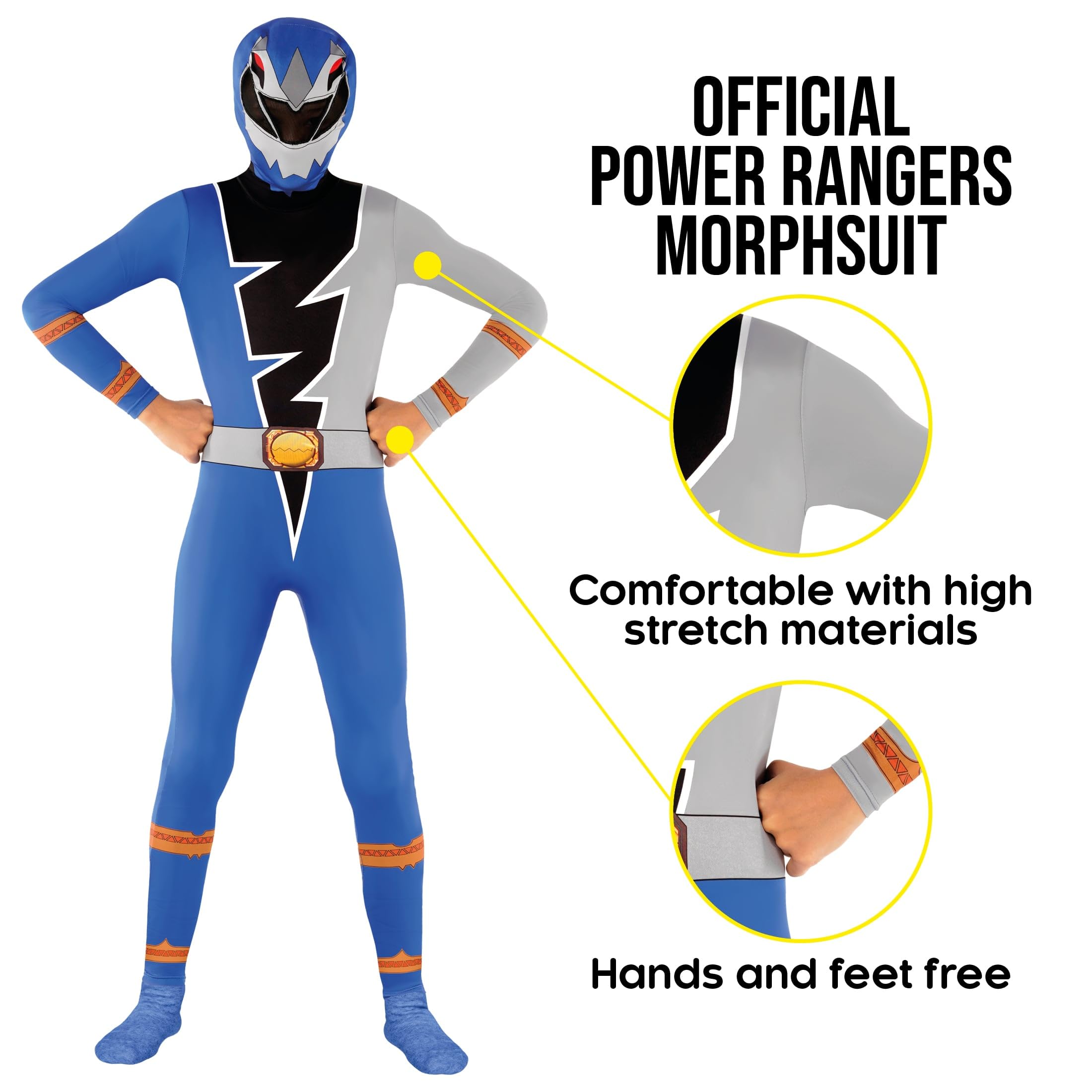 Morphsuits Niebieski Power Ranger Dino Fury dla Dzieci - Kombinezon Morphsuit z Kapturem i Wizjerem