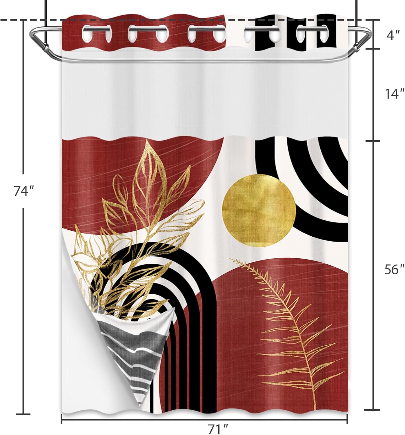 Black and Red Hookless Shower Curtain with Snap in Liner, Boho Red Mid Century Modern No Minimalist Hook Double Layer Shower Curtain and Liner Set, Waterproof Cloth Fabric, 71" W X 74" L (Pack of 1)