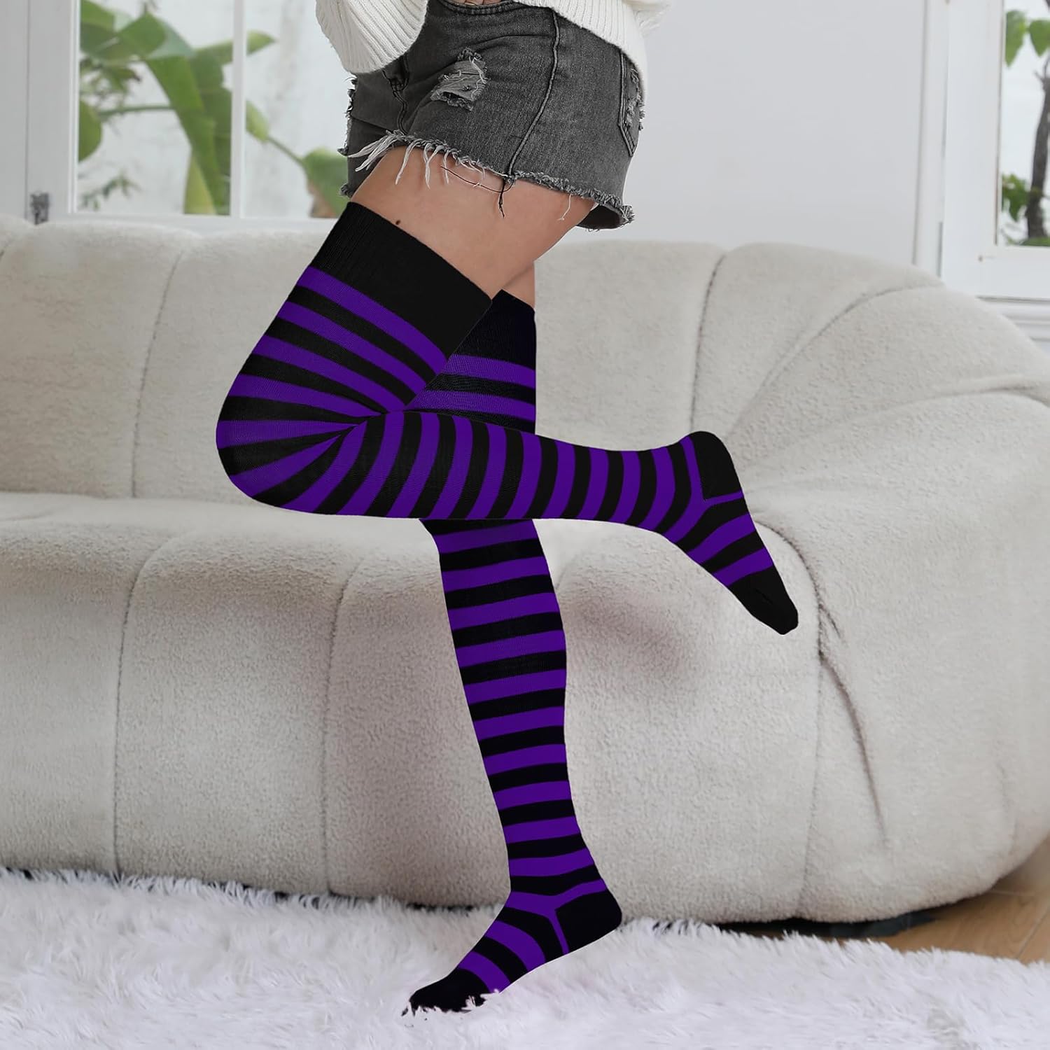 Moon Wood Womens Thigh High Socks Striped Knee High Socks Extra Long Cotton Knit Over the Knee Socks for Halloween - Image 3