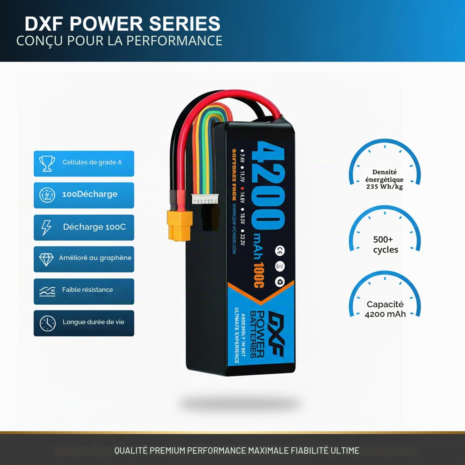 DXF 2 Paquets Batterie lipo 6s - Haute Performance pour modèles rc - 22,2v 4200mah - lipo 6s idéale pour hélicoptères, Voitures 1/8 & 1/10, et Drones FPV - livrée avec connecteur xt60