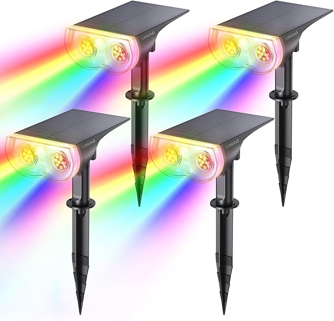 Linkind Linkind Kleurrijke Solar Dusk to Dawn Garden Lights, Kleurrijke Multicolor Lichtsensor Solar Lamp, IP67 Waterdicht Solar Light, 4 Modes Garden Spotlight voor Outdoor Garden Entryway 4 Pack