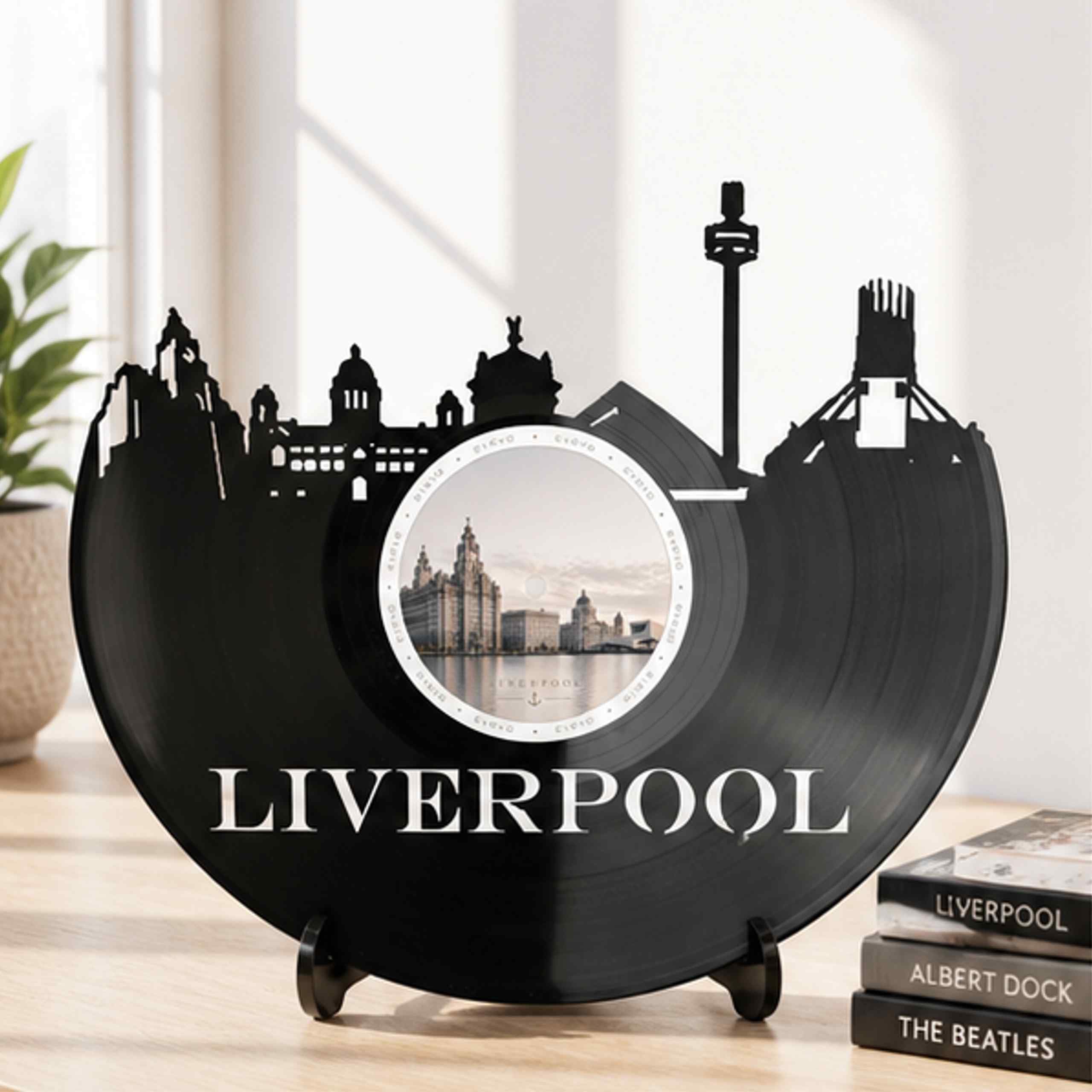 EVEVO Decorazione da parete a forma di disco Liverpool, in vinile, motivo skyline dell'Inghilterra, regalo per gli appassionati di Liverpool, amanti della musica, appassionati di calcio, D0012