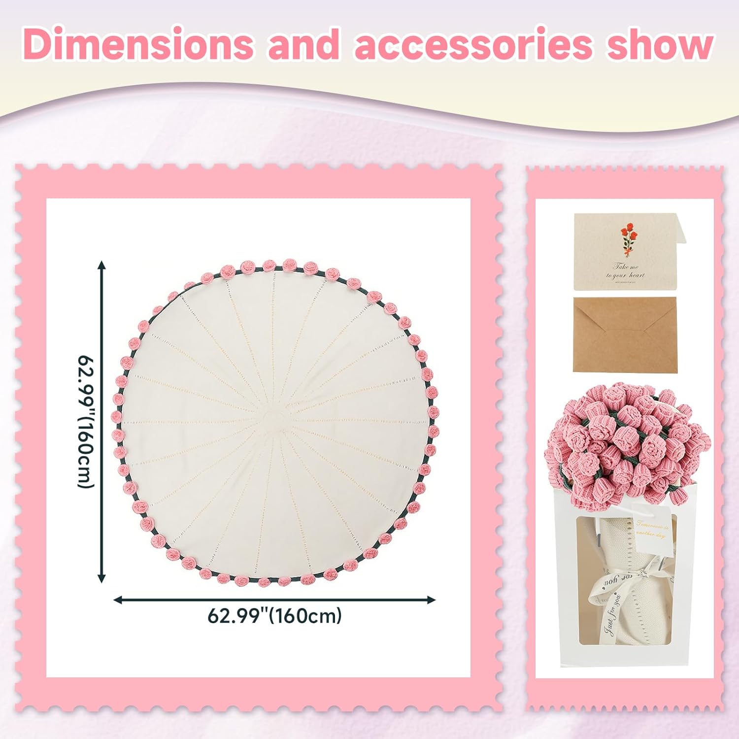 63 Inch Crochet Flower Bouquet Blanket, Handmade Knitted Blanket with 99 Rose Flowers, Ideal Birthday Wedding Anniversary for Women Mom, Wife, Girlfriend (Pink Rose)