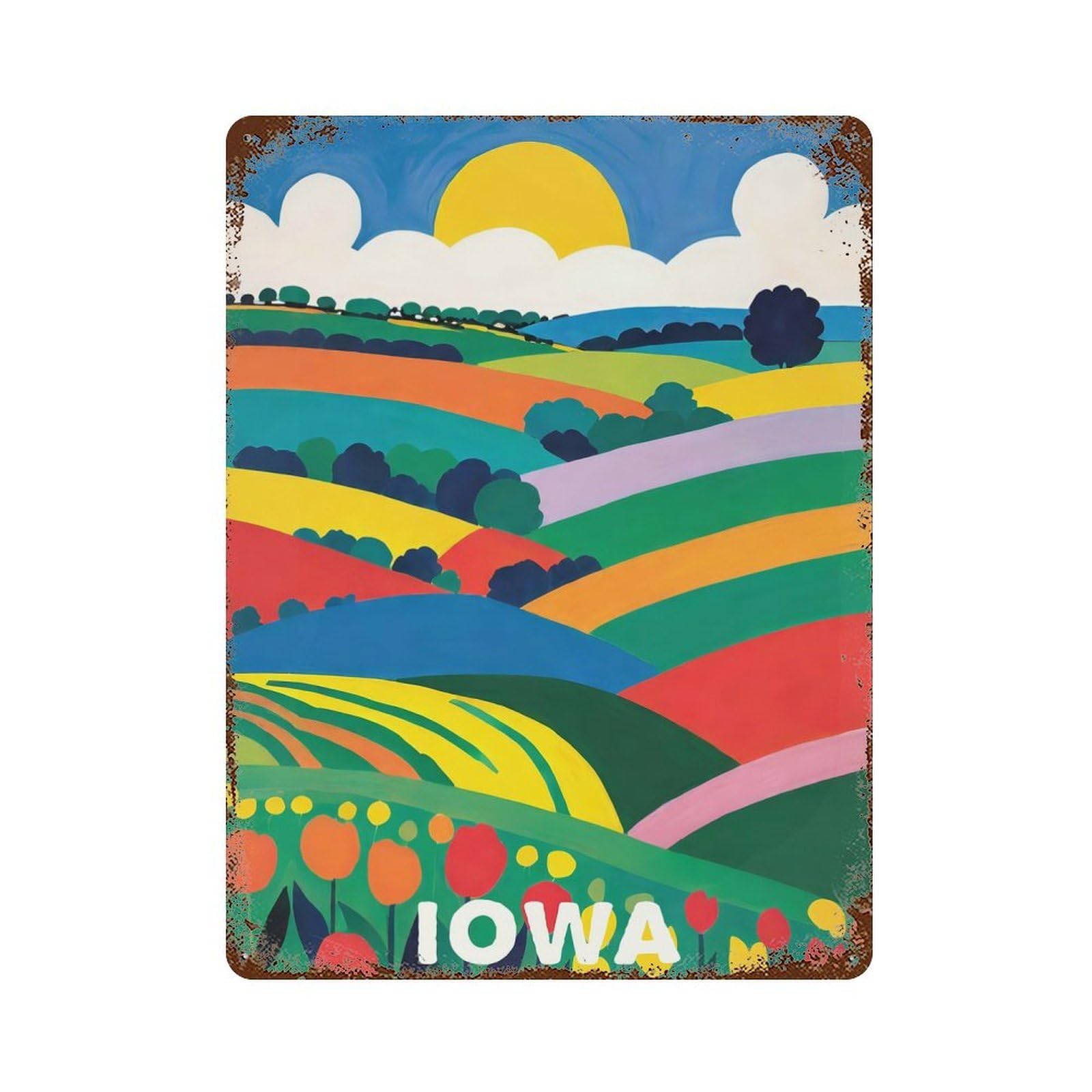 Colorful Iowa Retro Art Rustic Tin Plaque 15.7"x11.8", Rustic Home Decor for Office, Studio And Wall Decor