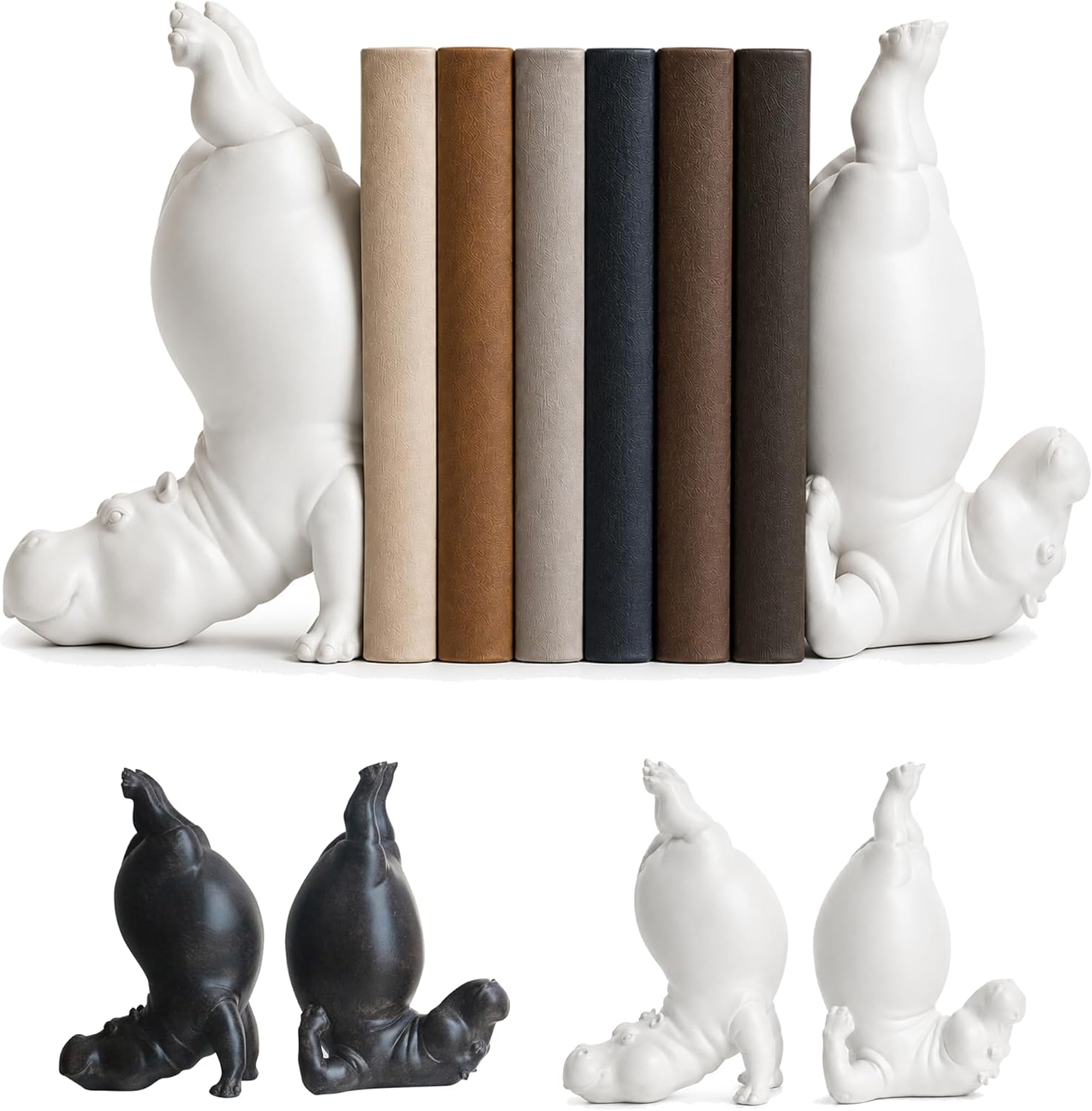 Hippo Bookends, Heavy Resin Acrobatic Hippo Bookends Ends Book Ornament Creative Hippo Notebook Holder Farmhouse Cool Modern Small for Various Types of Books (White)