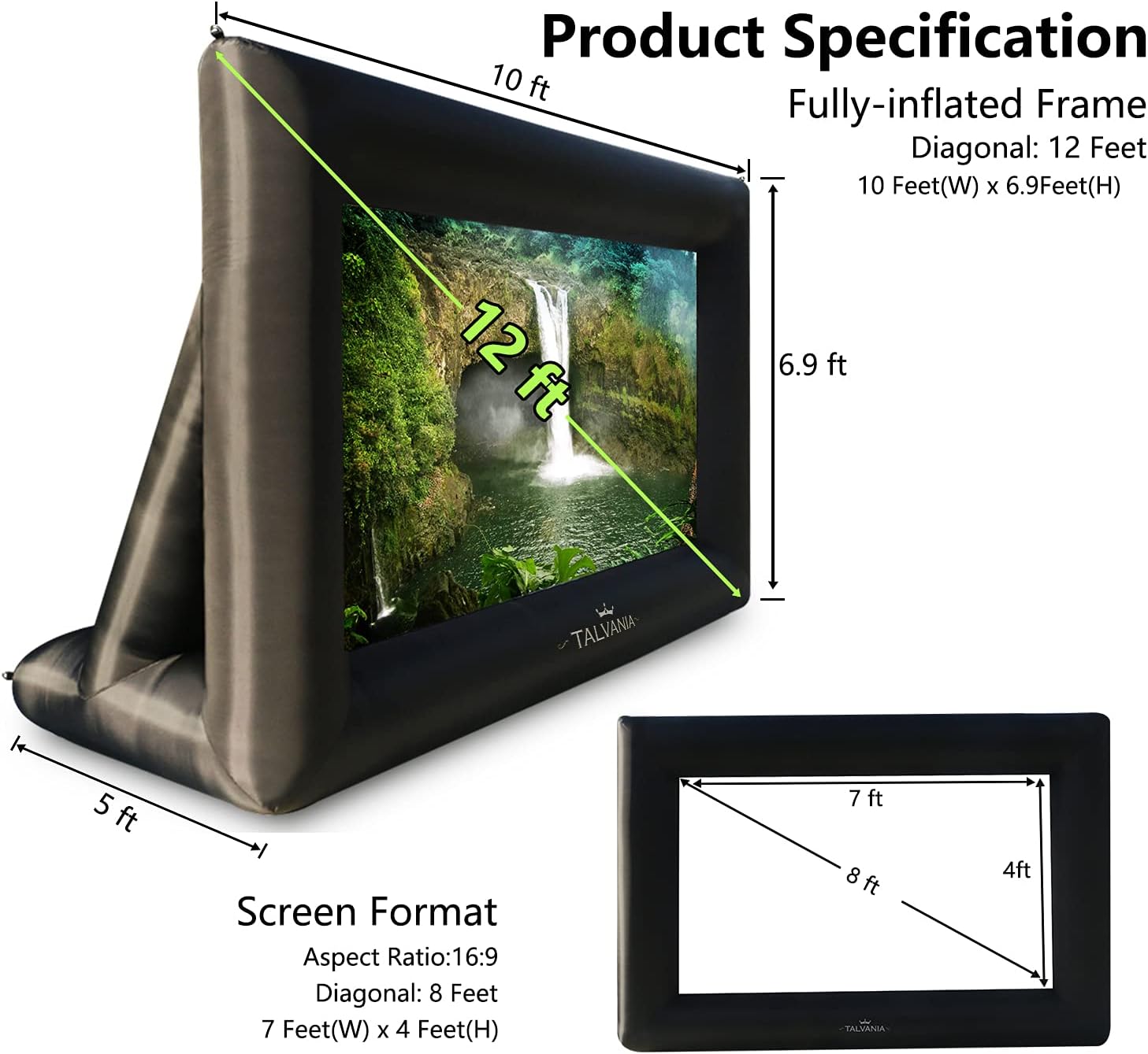 12 Feet Inflatable Projector Screen for Outdoor and Indoor TV Movie Watching Blower, Tie Downs, Stakes, Sandbags, and Storage Bag + Step-by-Step Guide, Quick Blow Up (Black)