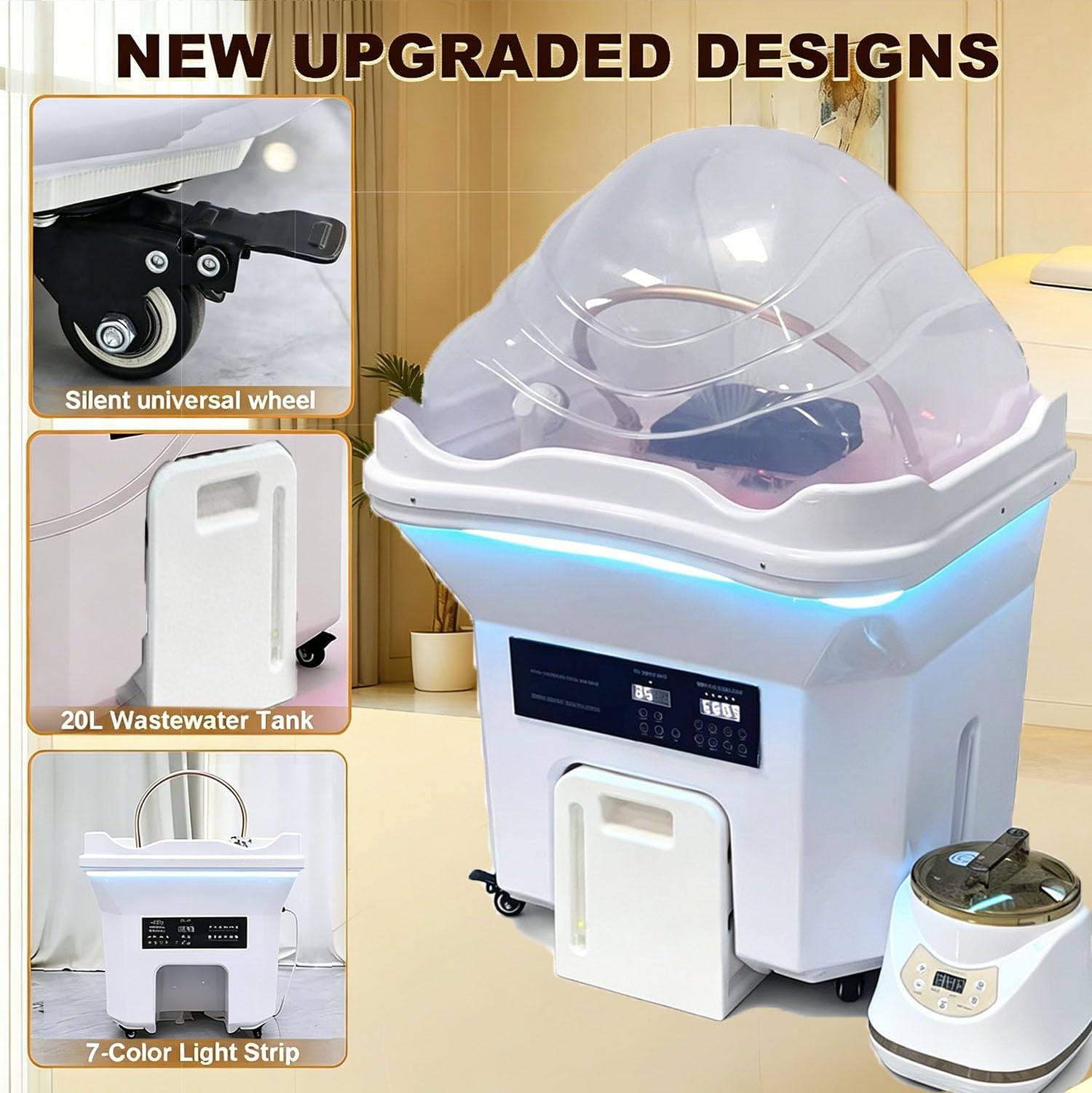 Generisch Neueste Head Spa, Mobiles Waschbecken mit 60L Wassertank und Abwassertank, inkl. Dampfhaube, Verneblung, Phototherapie und 4 Rollen, für Salon und Friseur， Konstanttemperatur-Wasserfall