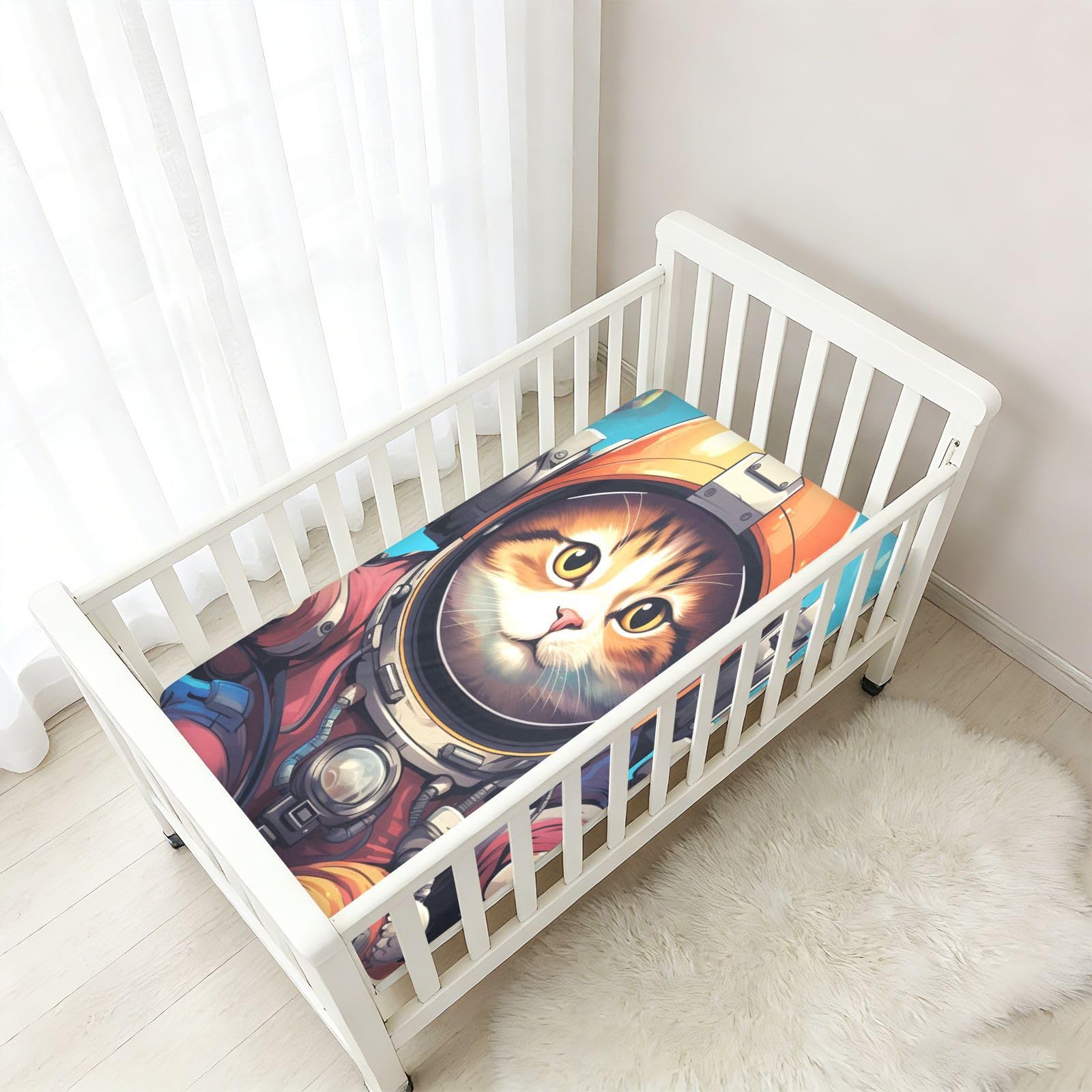 Lindo Gato Astronauta Volando Espacio Sábana de Cuna para Niños Pequeños,Sábanas de Algodón Suave para Bebés Aptas para Colchón Corralito