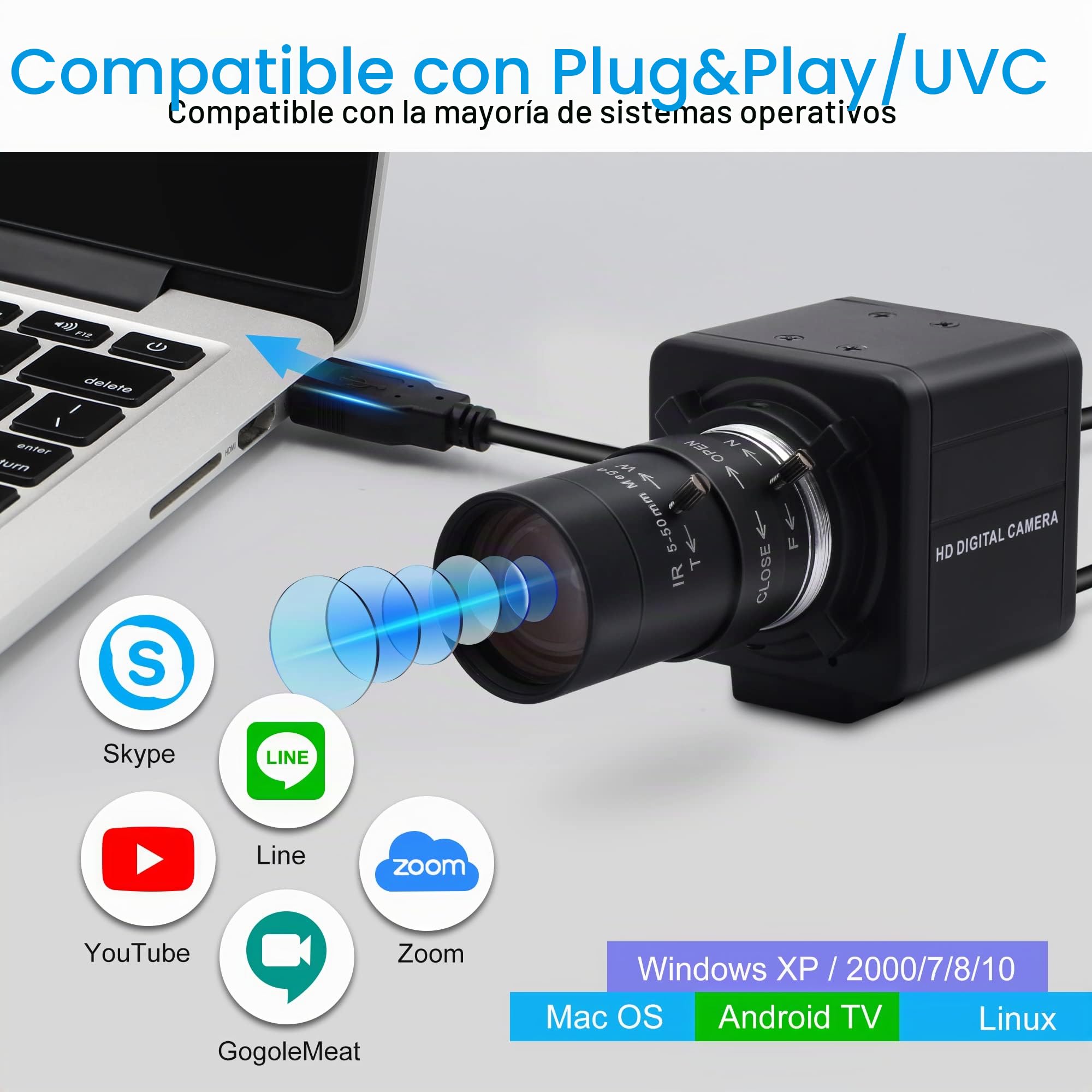 G Webcam 4K Varifocal USB 10X Zoom Óptico, 5-50 mm Vari-Focus Webcam 4K Ultra HD 2160P, Sensor IMX317, Varifocal USB Zoom Webcam para Mac/Windows/Linux