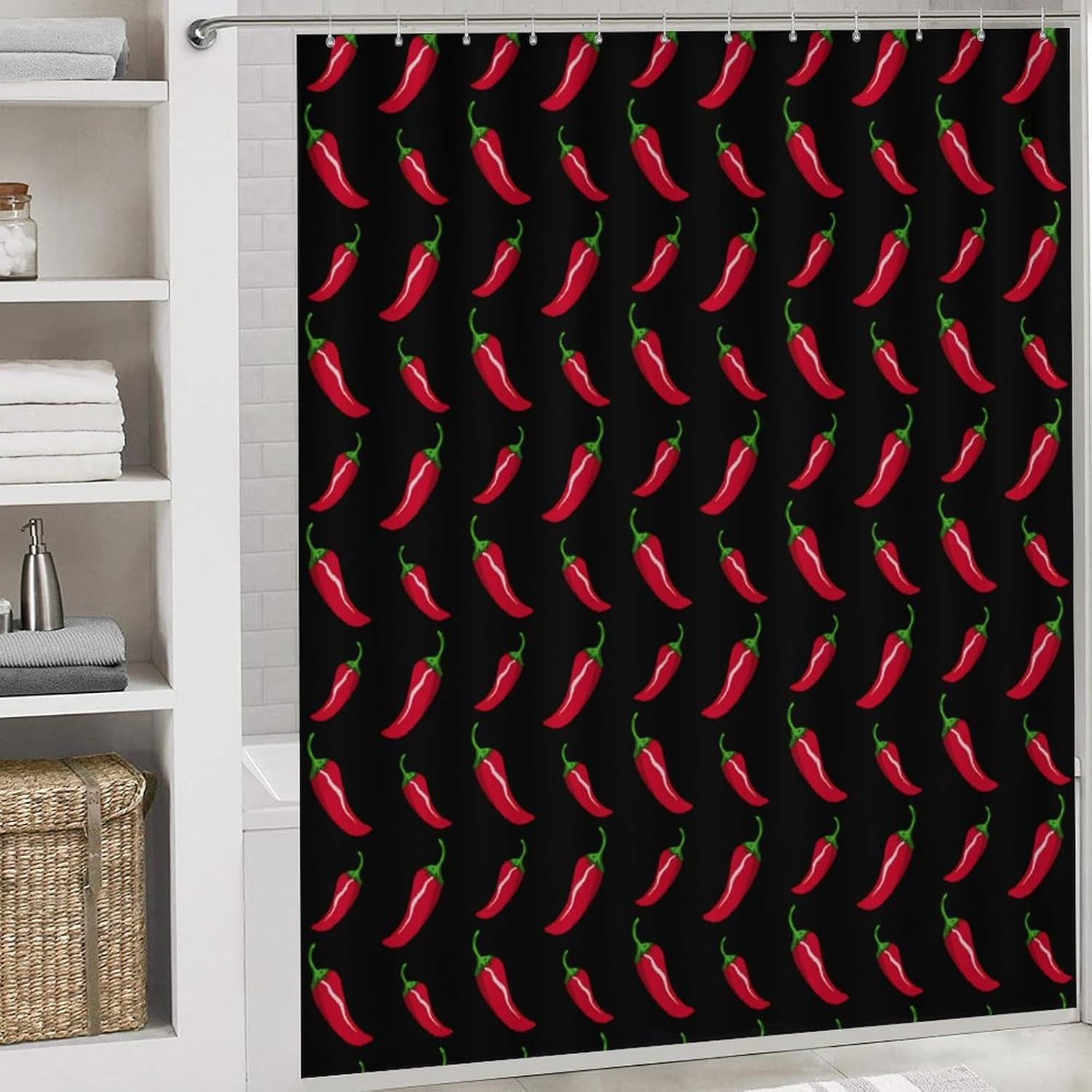 Black Chili Peppers 4Piece Bathroom Set with Coral Fleece Mats, Toilet Lid Cover and Waterproof Oxford Cloth Shower Curtain for Home Bathroom, Guest Room and More