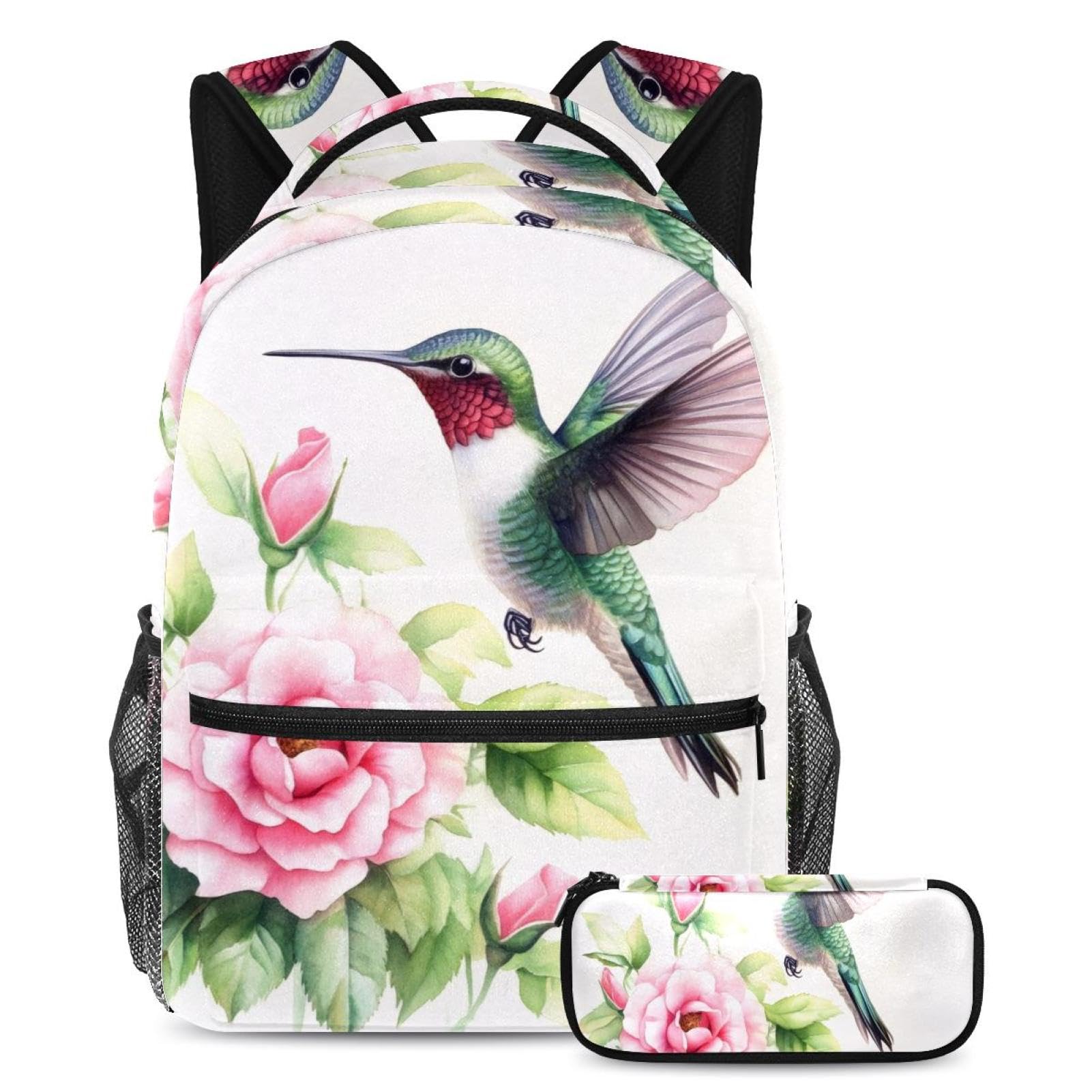 Sac d'école imprimé oiseaux et fleurs avec trousse assortie - 7