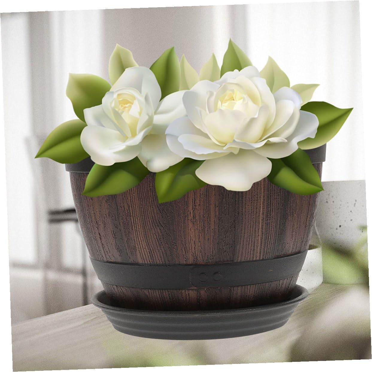 ARTIBETTER Vintage Faux Wooden Planter Bucket with Drainage Holes and Tray, Thickened Plastic Flower Pot for Garden Balcony Patio, Retro Barrel Planting Container